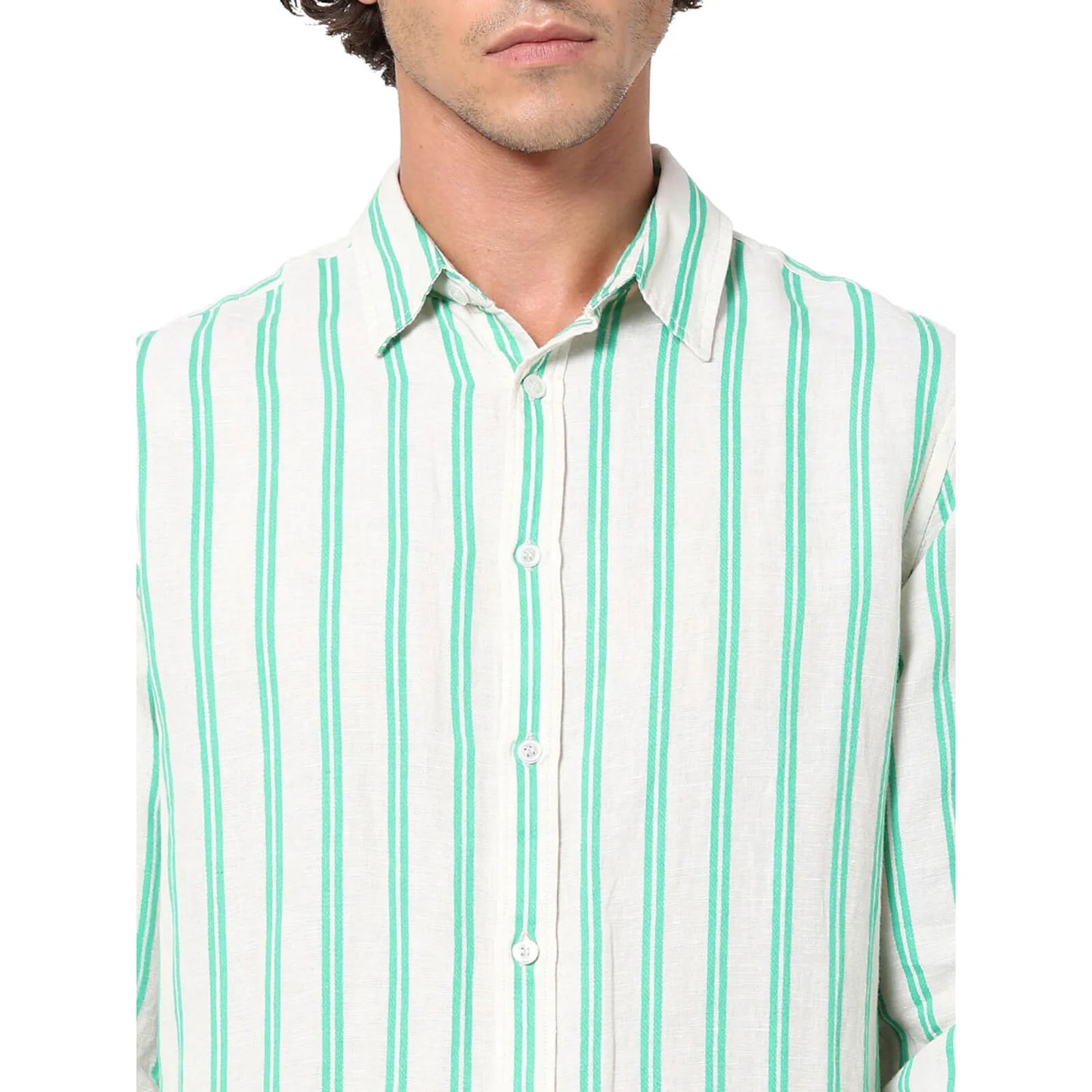 Celio* Striped Regular Fit Linen-Blend Green Shirt