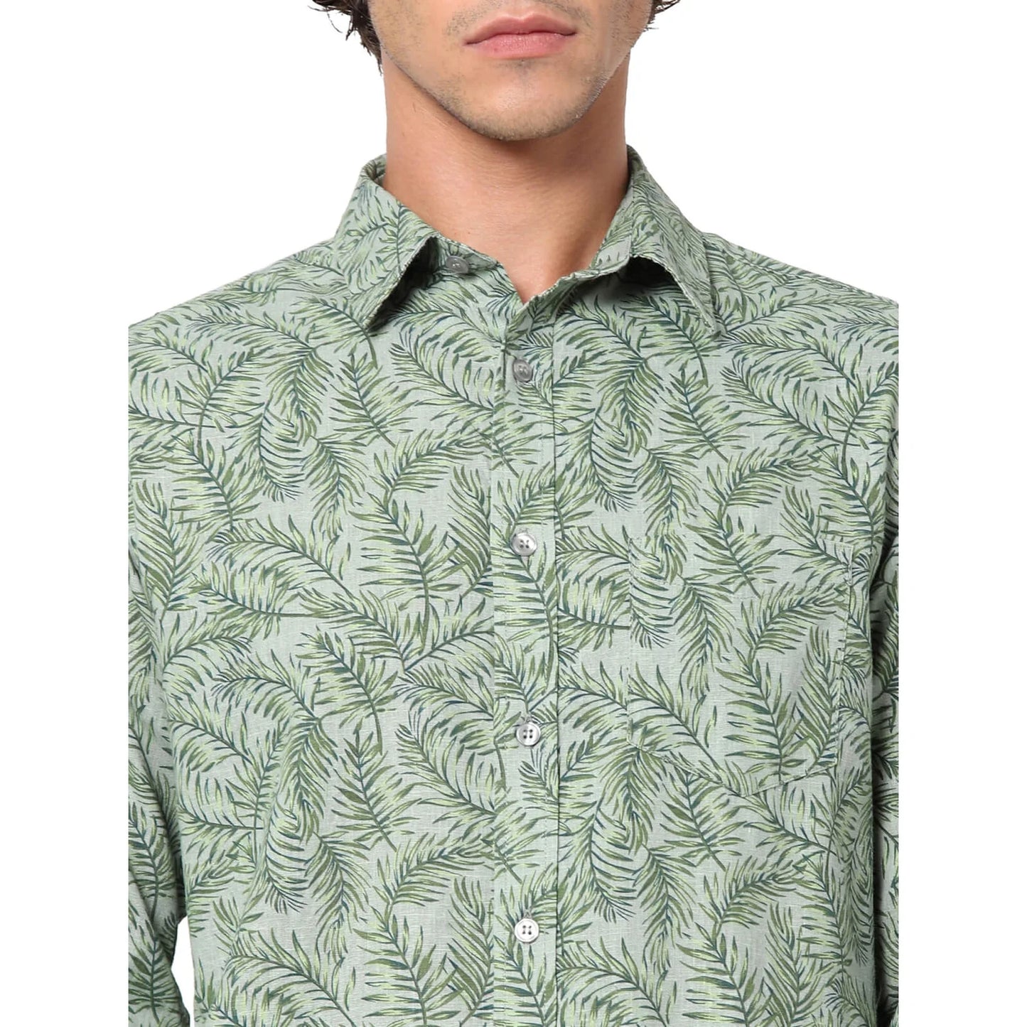 Celio* Floral Regular Fit Linen-Blend Olive Shirt