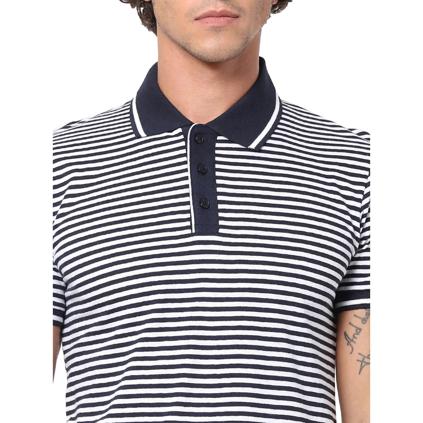 Celio* Striped Regular Fit Linen-Blend Navy Blue T-Shirt