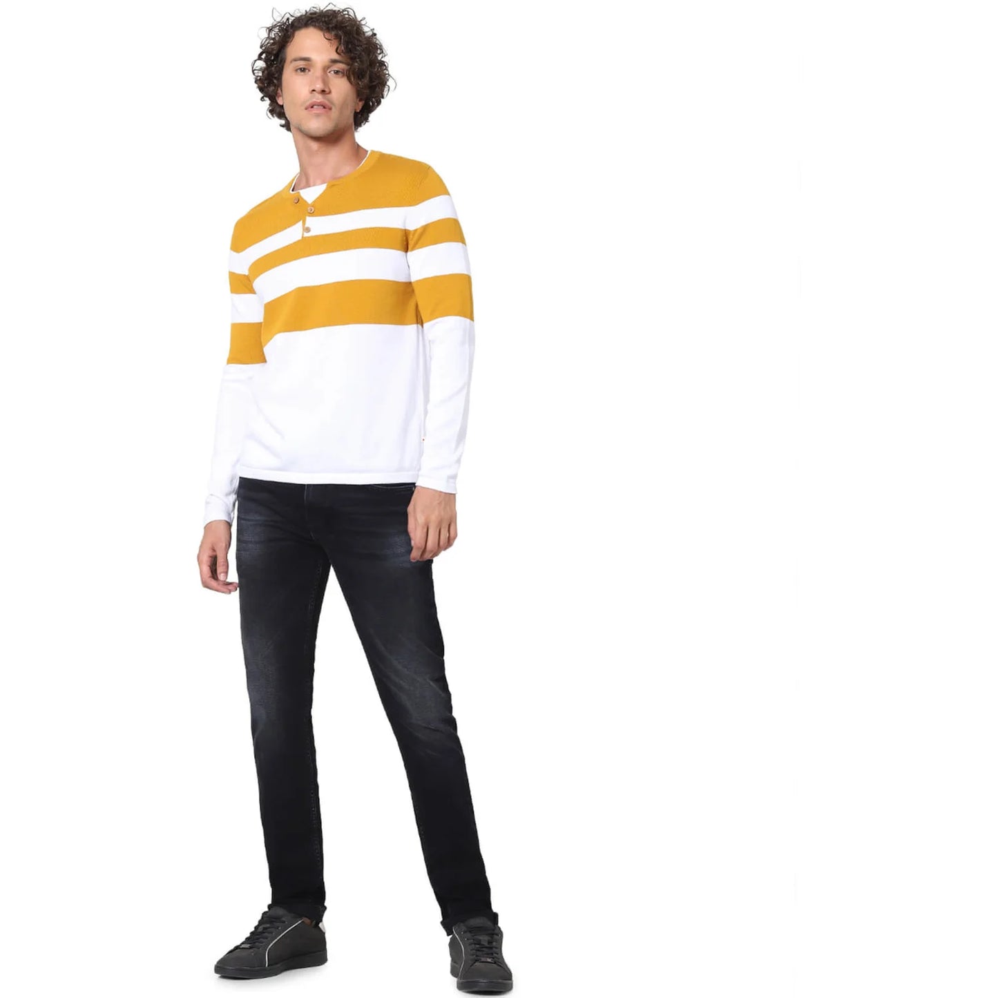 Celio* Striped Regular Fit Cotton Mustard Sweater
