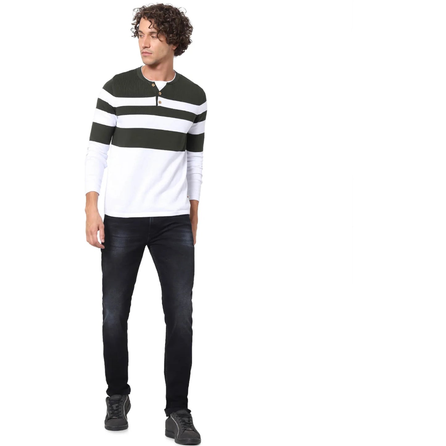 Celio* Striped Regular Fit Cotton Olive Sweater