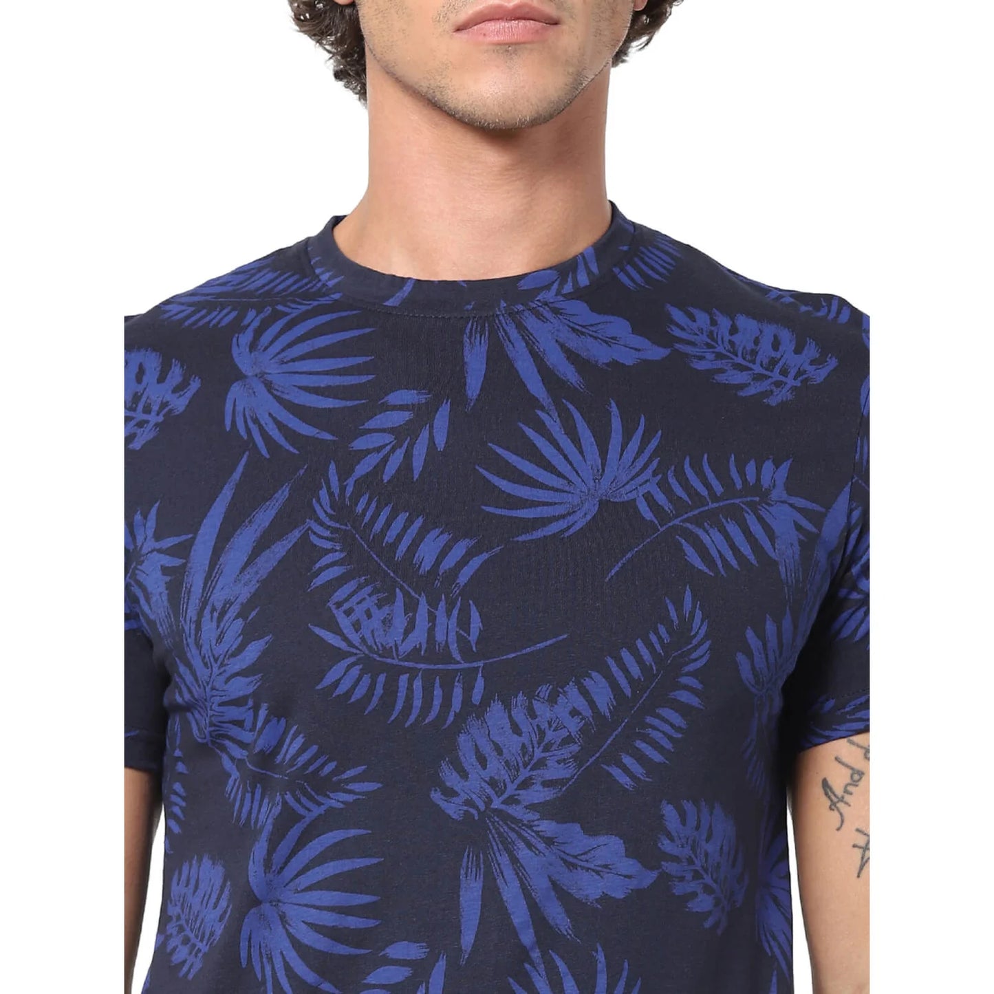 Celio* Floral Regular Fit Cotton Navy Blue T-Shirt