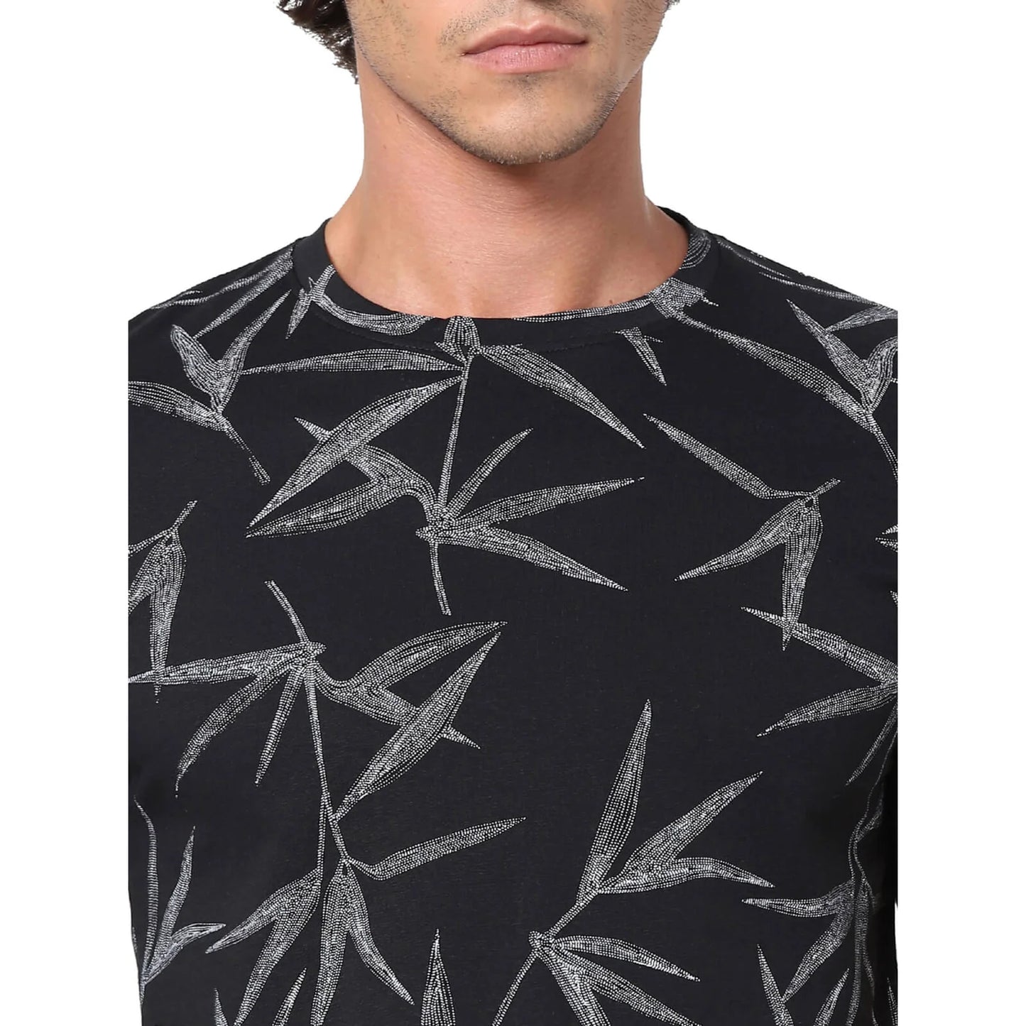 Celio* Floral Regular Fit Cotton Black T-Shirt