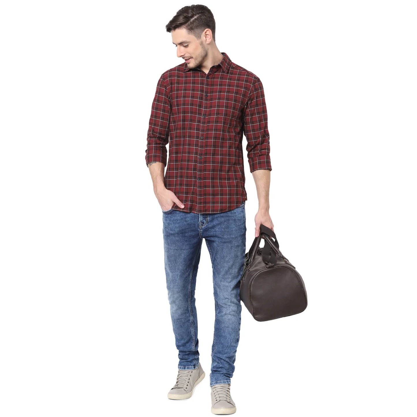 Celio* Checked Regular Fit Cotton Red Shirt