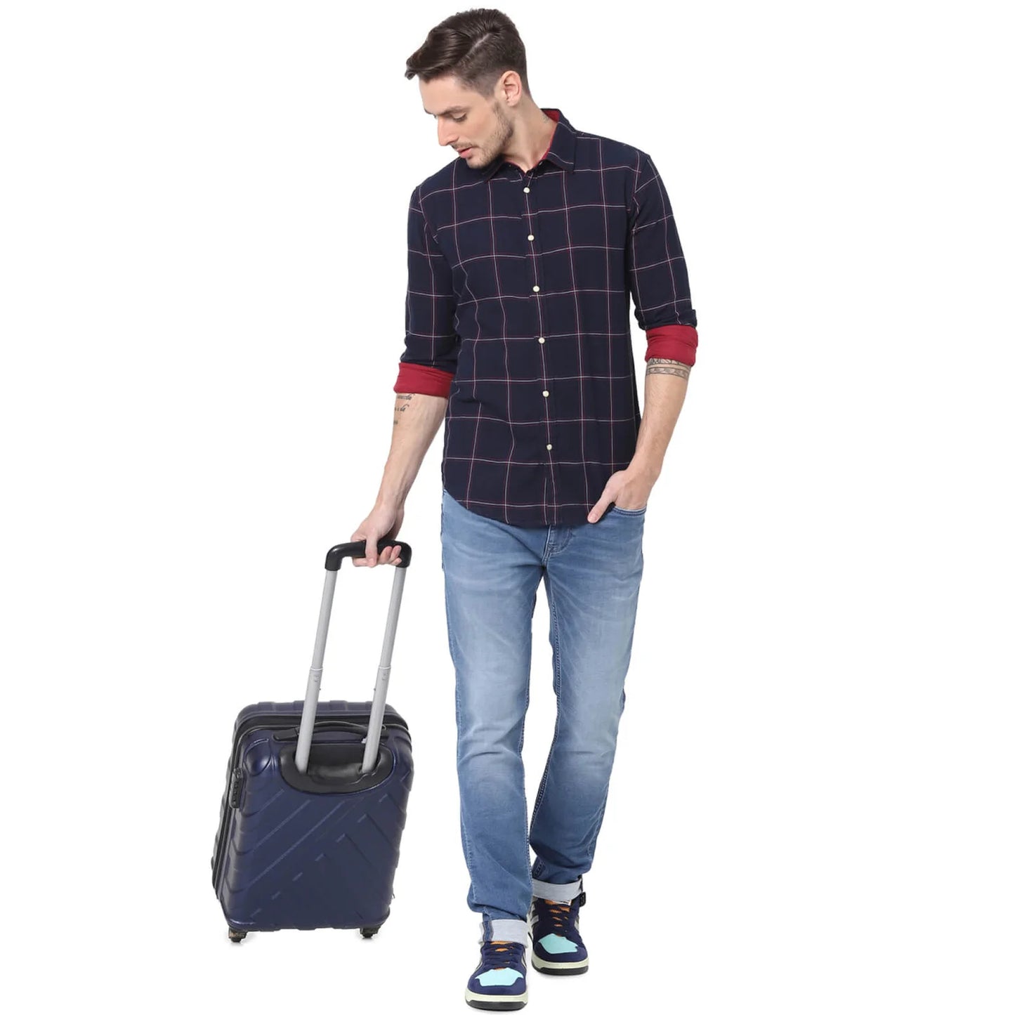 Celio* Checked Regular Fit Cotton Navy Blue Shirt