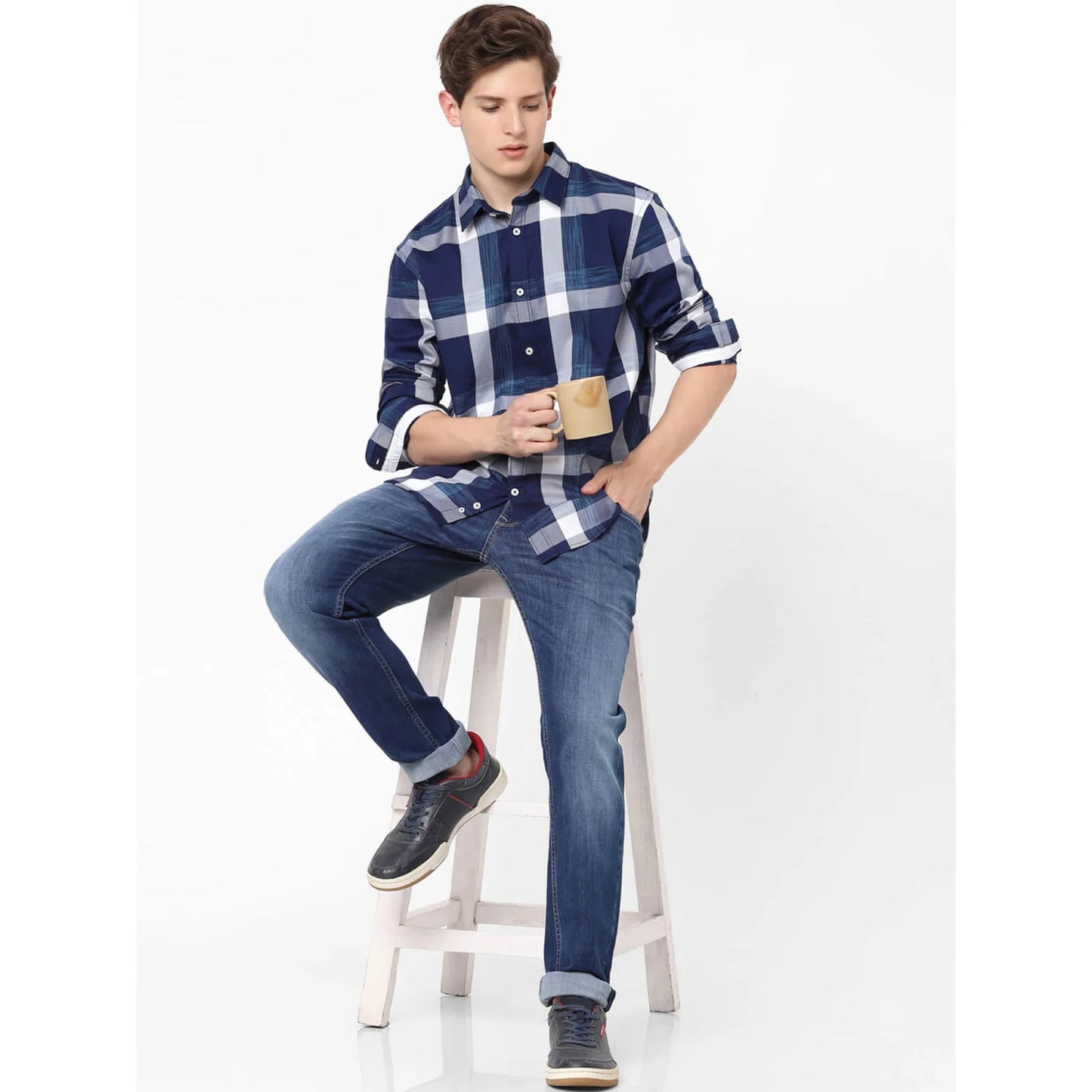 Celio* Checked Regular Fit Cotton Blue Shirt