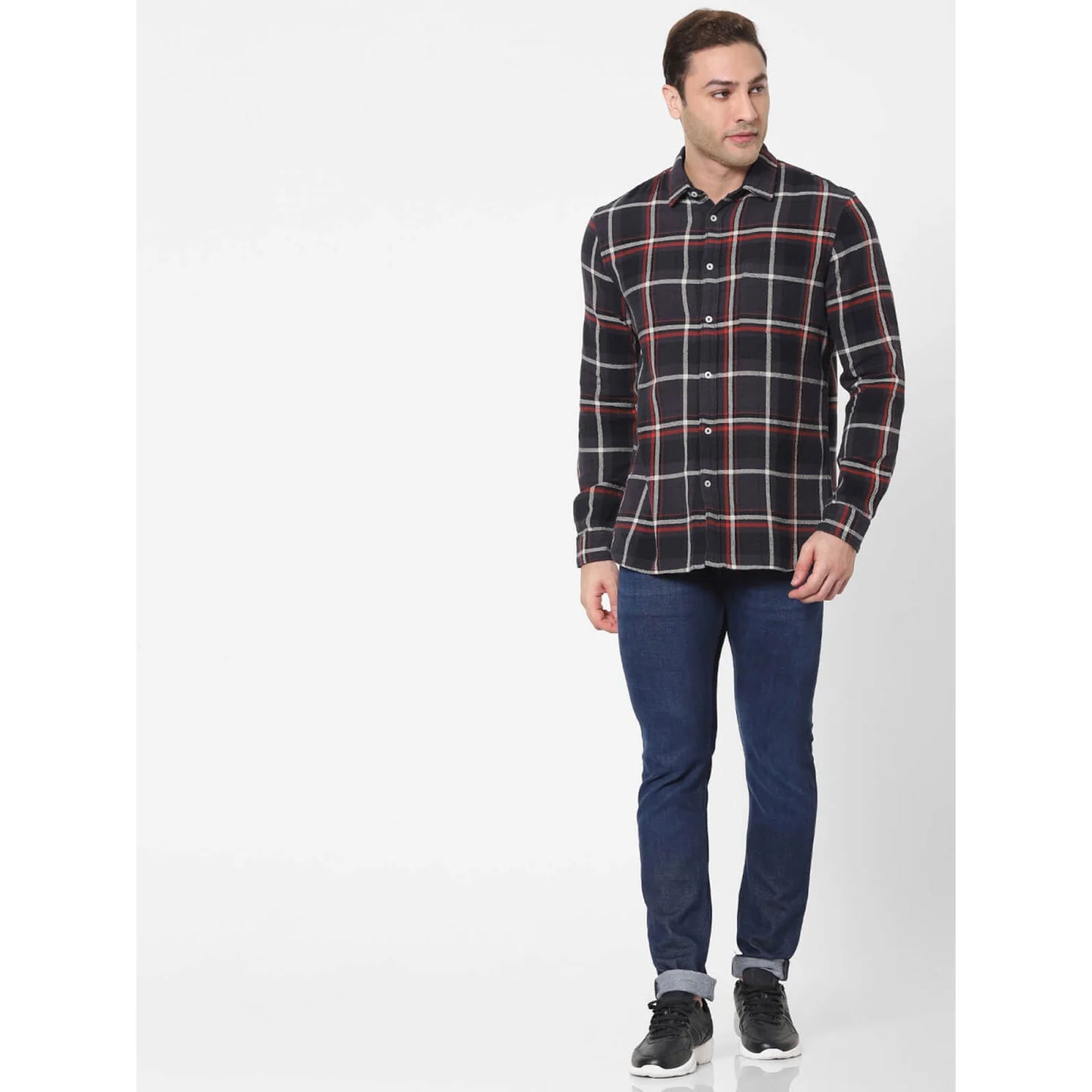 Celio* Checked Regular Fit Cotton Grey Shirt