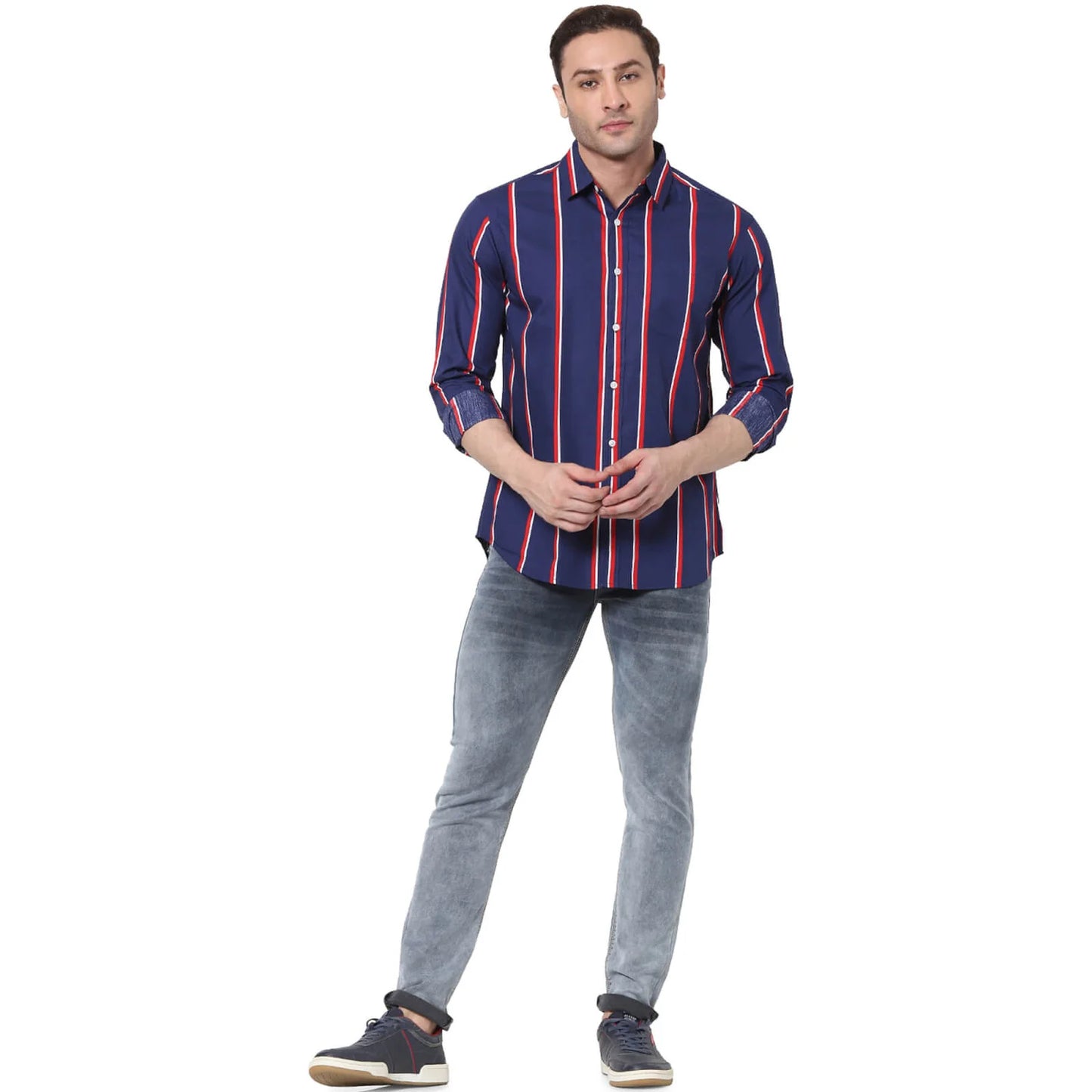 Celio* Striped Regular Fit Cotton Navy Blue Shirt