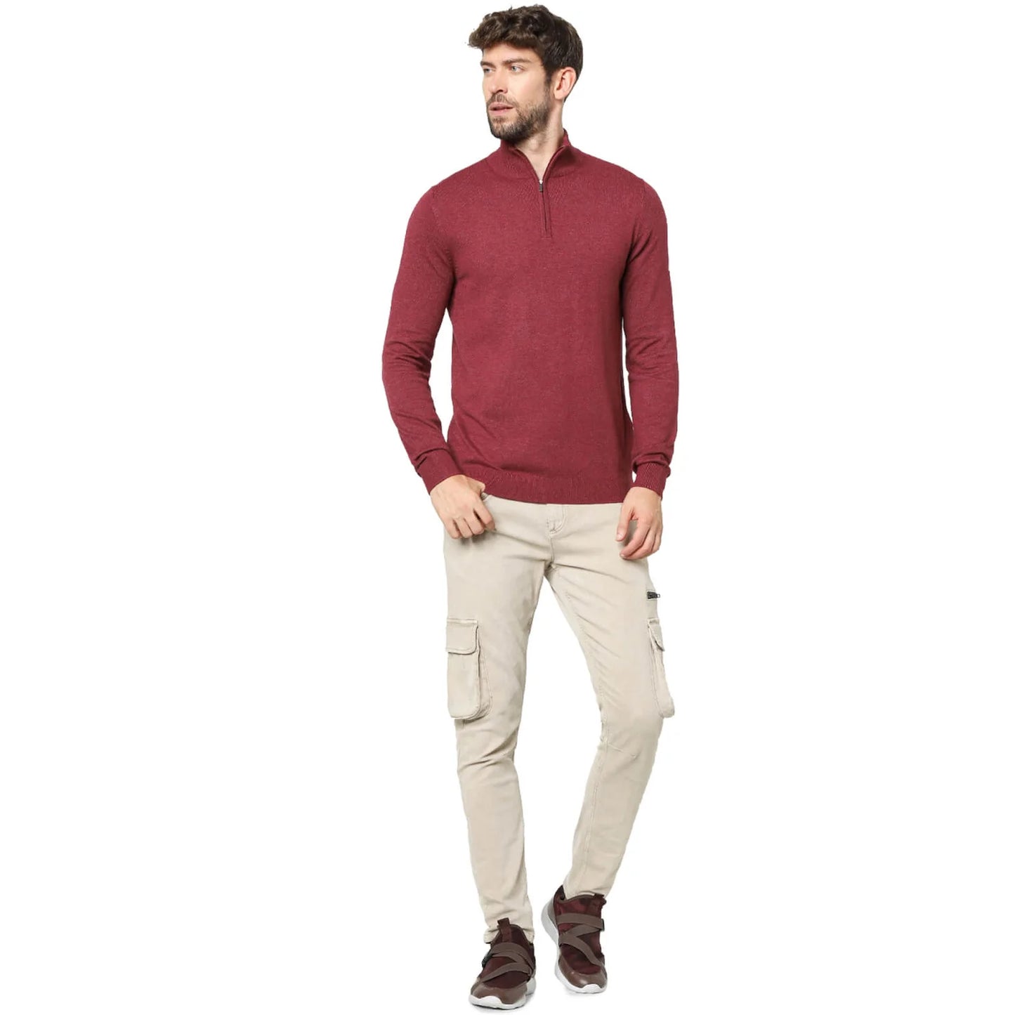 Celio* Solid Regular Fit Cotton-Blend Burgundy Sweater