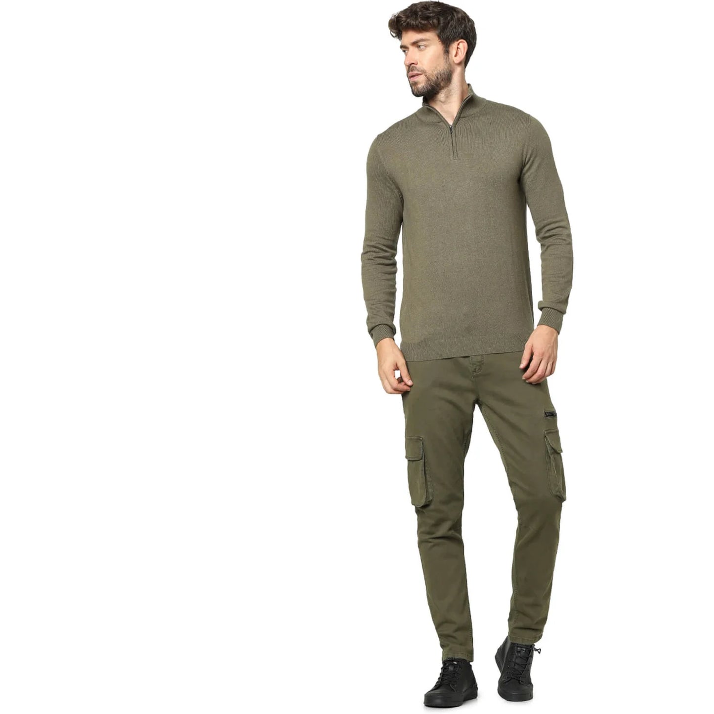Celio* Solid Regular Fit Cotton-Blend Green Sweater