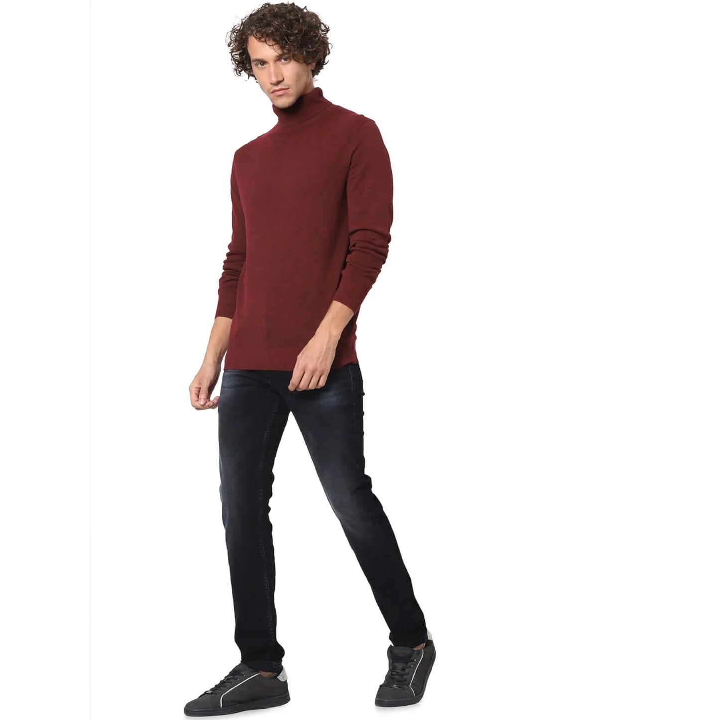 Celio* Solid Regular Fit Cotton-Blend Burgundy Sweater