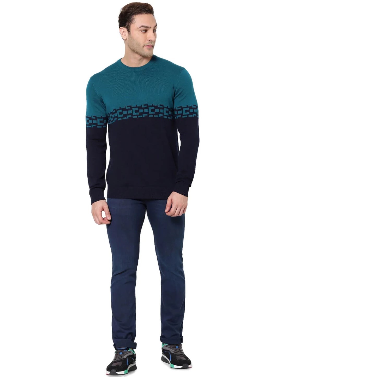 Celio* Graphics Regular Fit Cotton Navy Blue Sweater