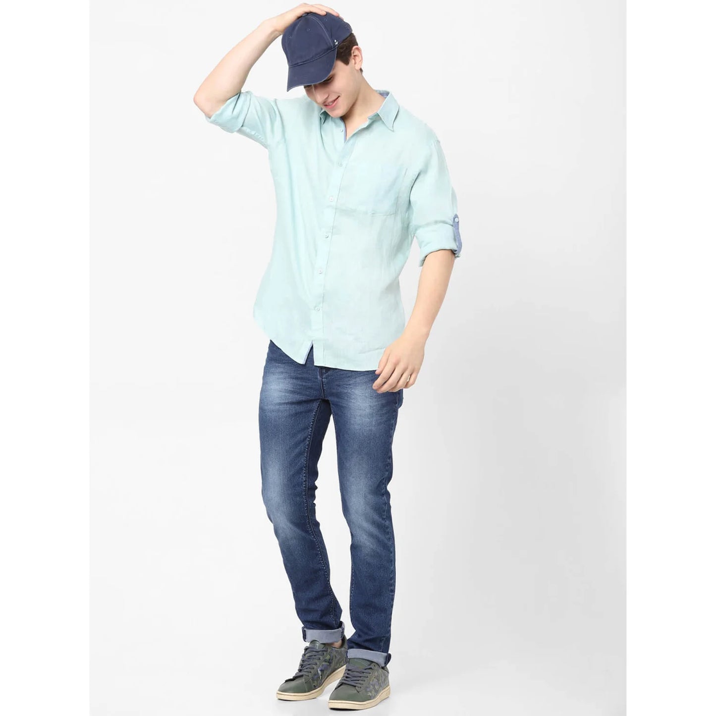 Celio* Solid Regular Fit Linen Blue Shirt