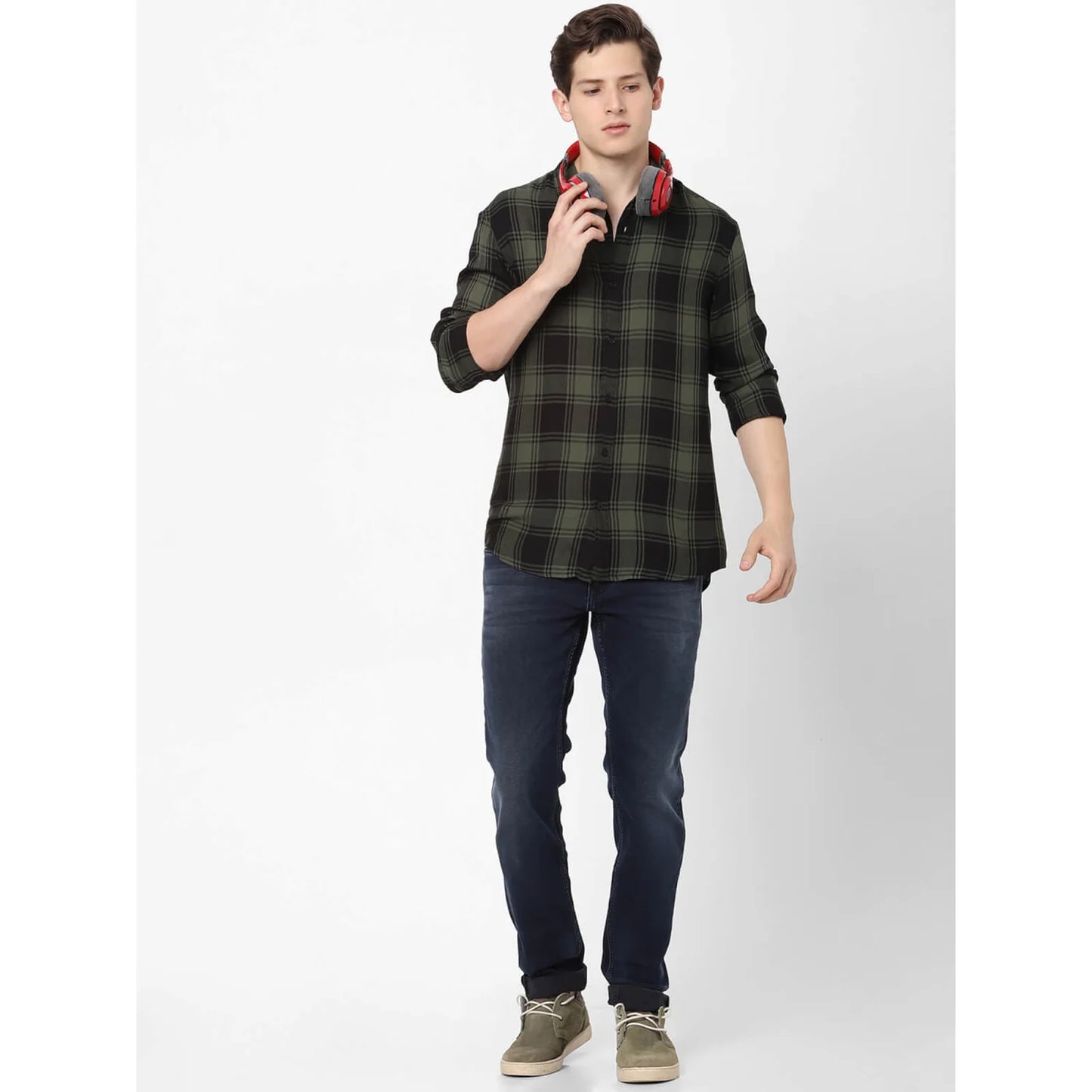Celio* Checked Regular Fit Viscose Green Shirt