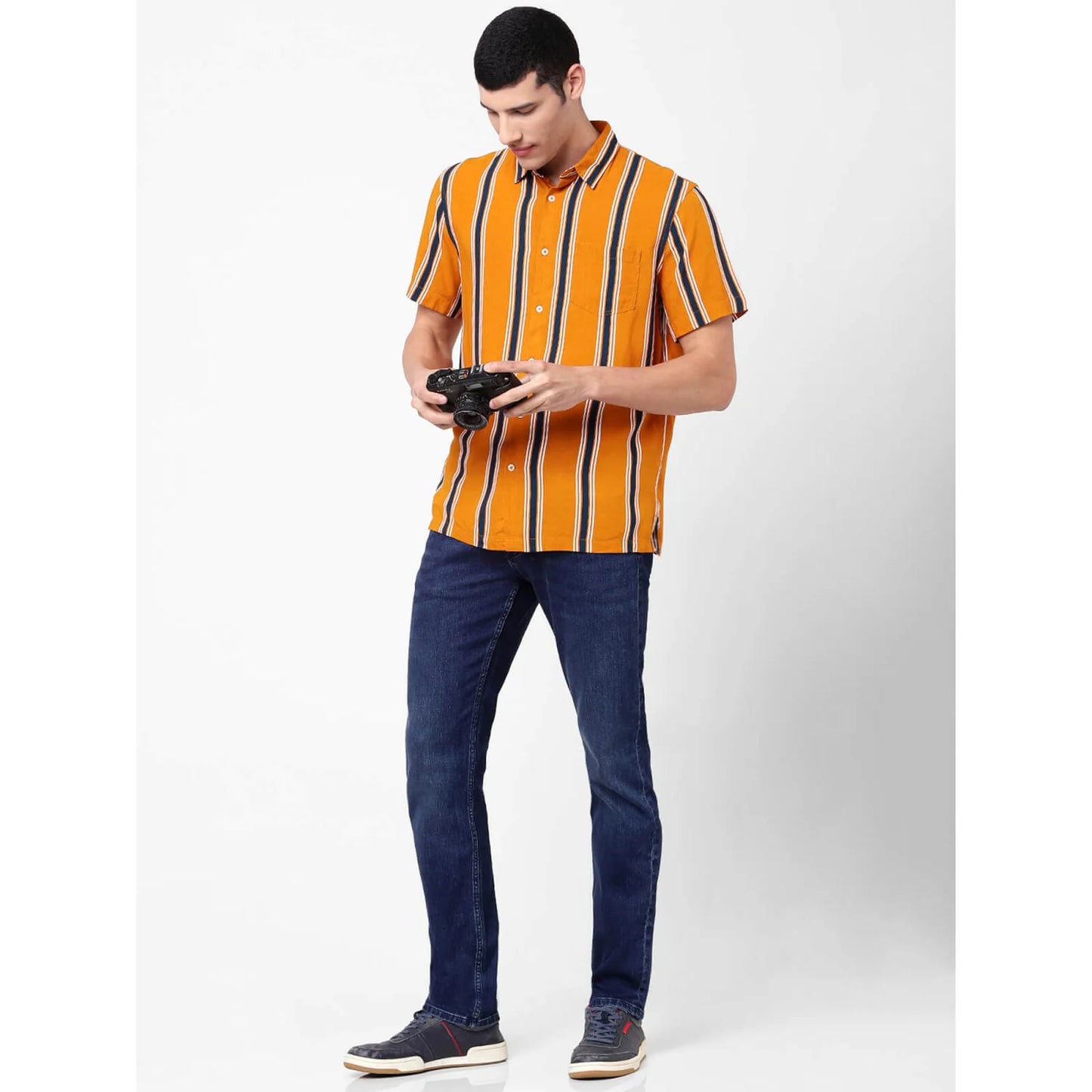 Celio* Striped Regular Fit Viscose Mustard Shirt