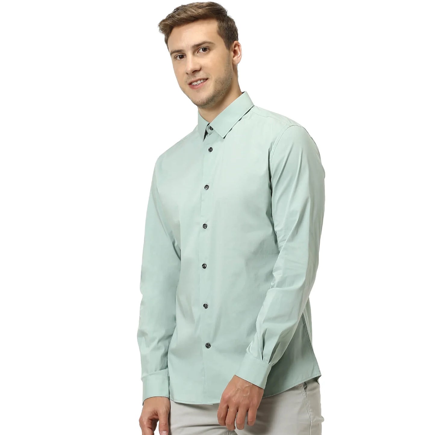 Celio* Solid Regular Fit Cotton Green Formal Shirt