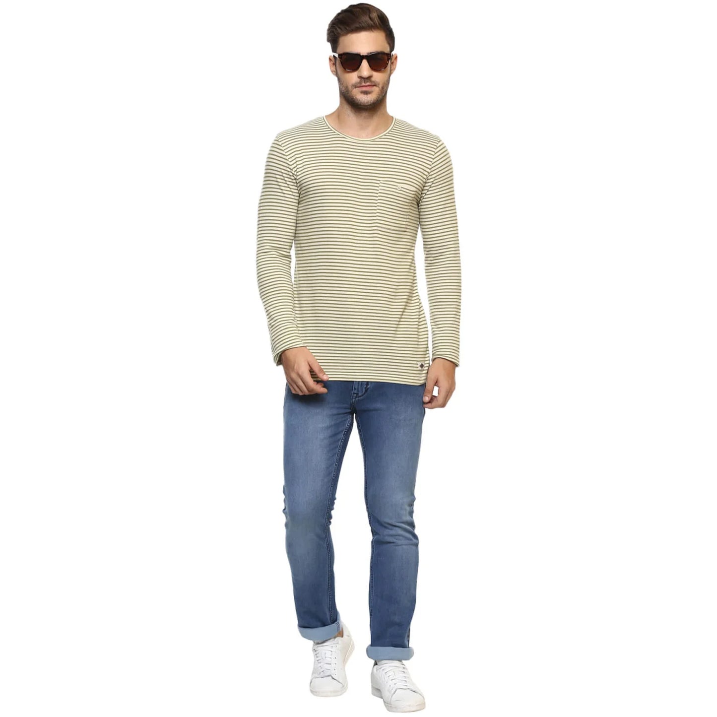 Celio* Striped Regular Fit Cotton Olive T-Shirt