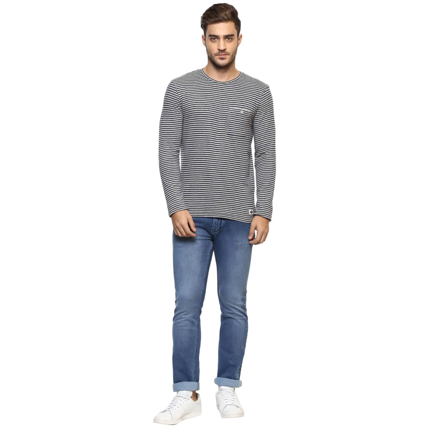 Celio* Striped Regular Fit Cotton Navy Blue T-Shirt