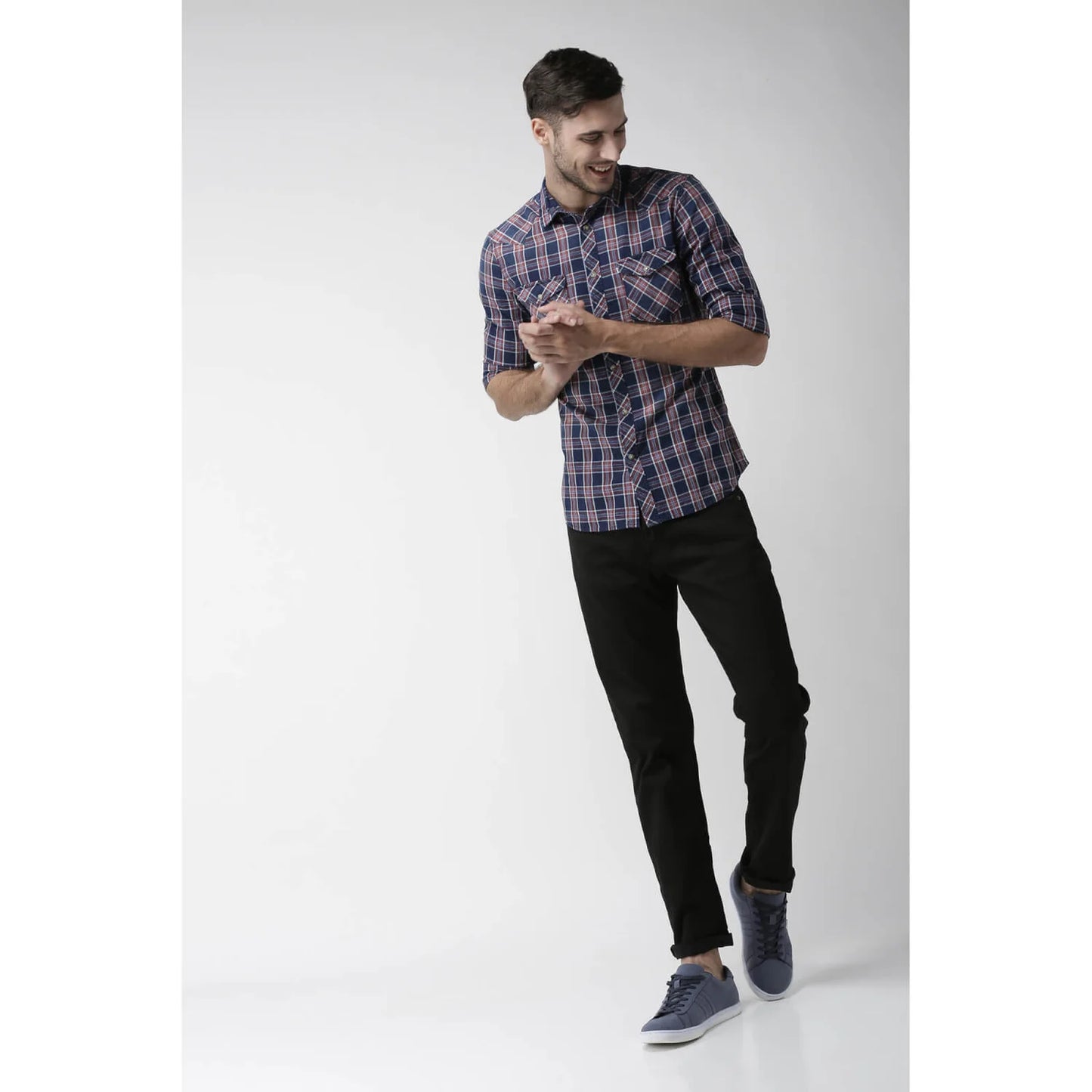 Celio* Checked Regular Fit Linen Navy Blue Shirt