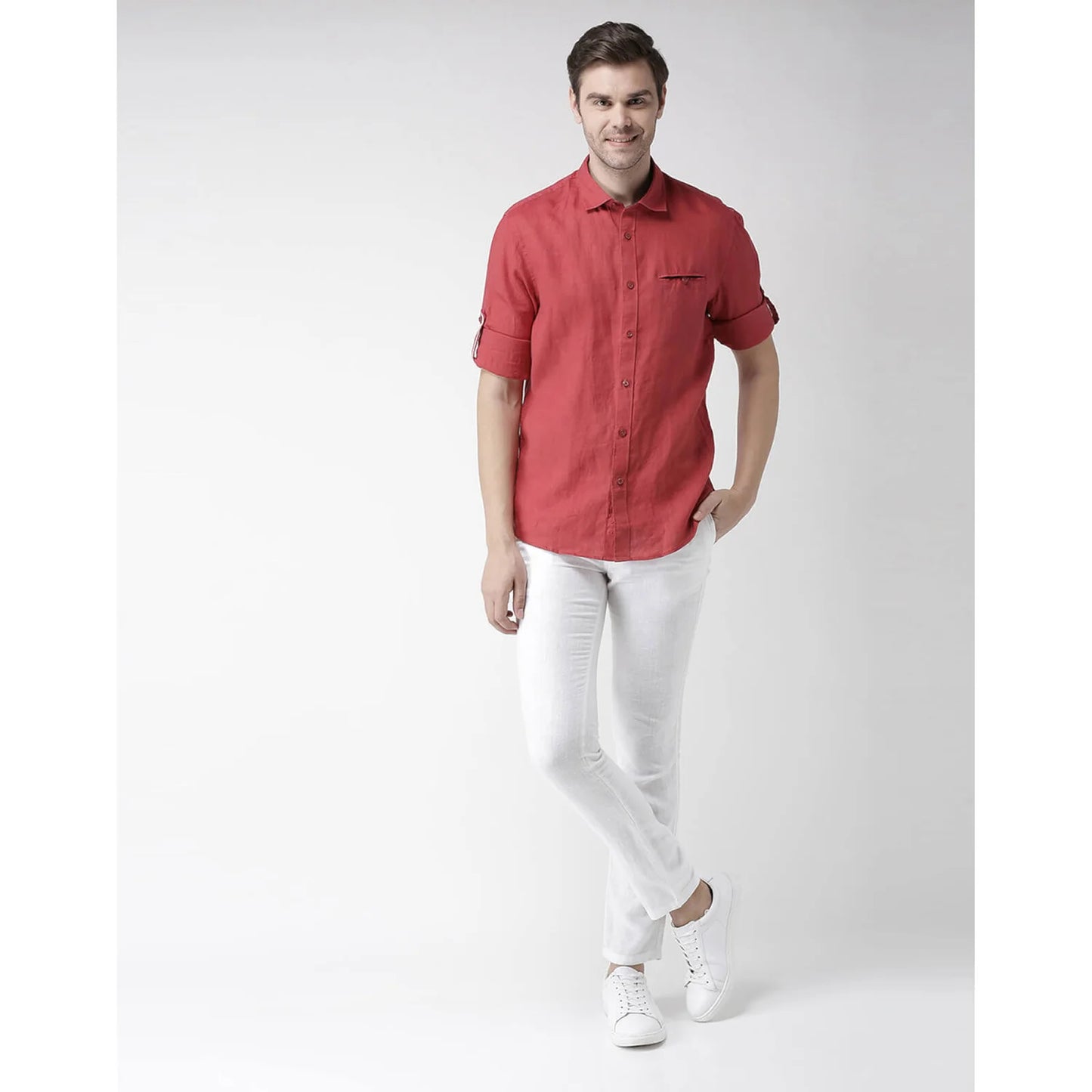 Celio* Solid Regular Fit Linen Red Shirt