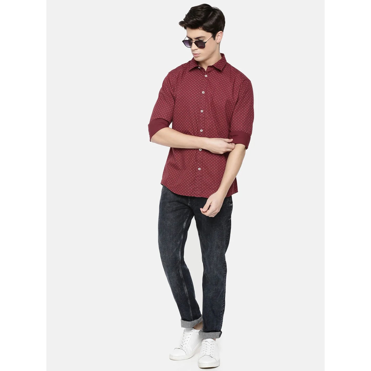 Celio* Printed Regular Fit Cotton Burgundy Shirt