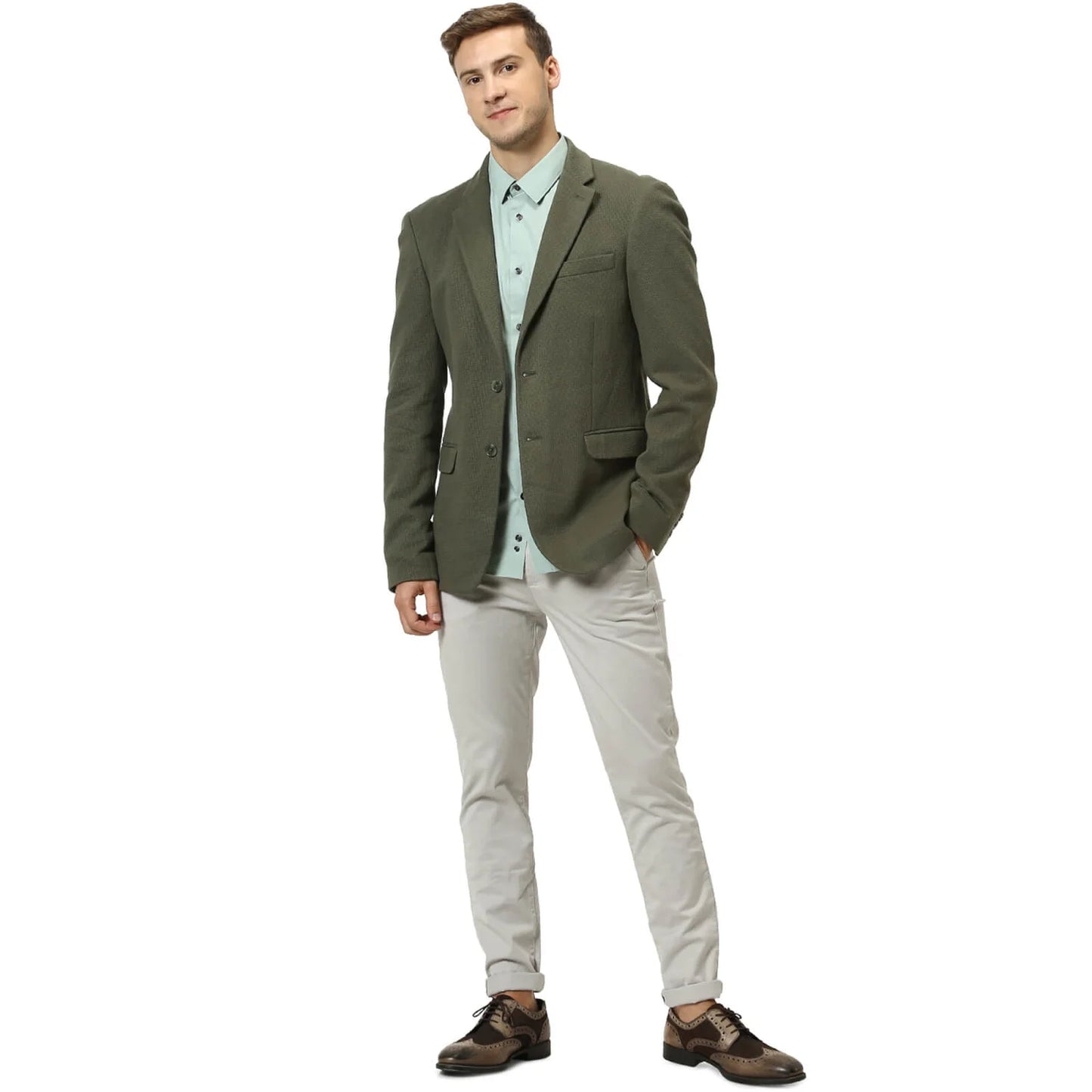Celio* Solid Regular Fit Cotton Green Blazer