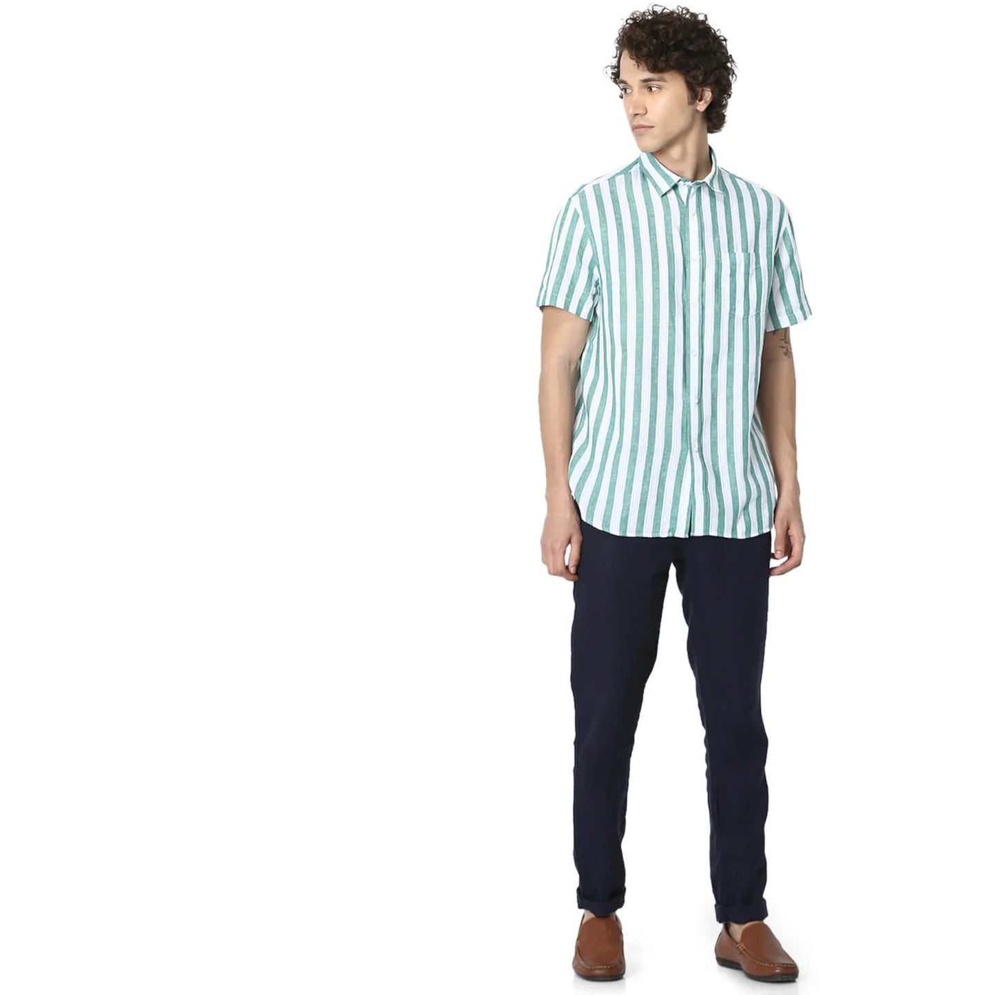 Celio* Striped Regular Fit Linen-Blend Green Shirt