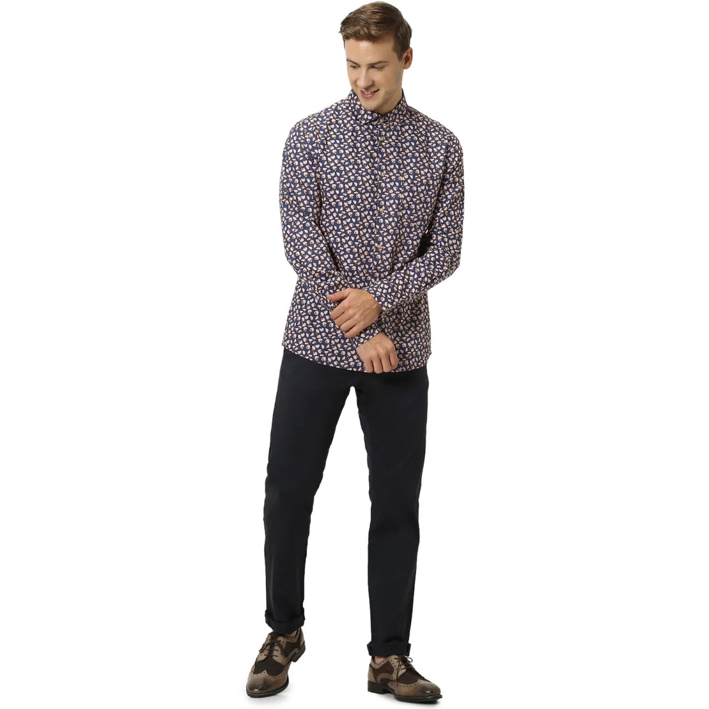 Celio* Floral Regular Fit Cotton Navy Blue Shirt