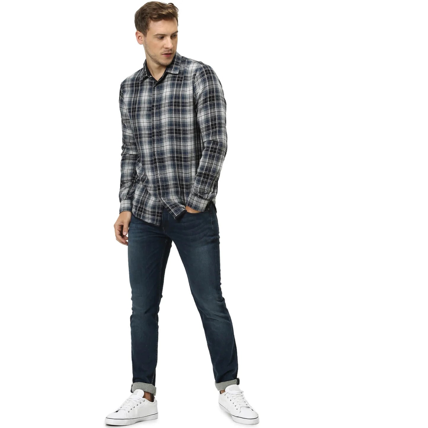 Celio* Checked Regular Fit Cotton Navy Blue Shirt