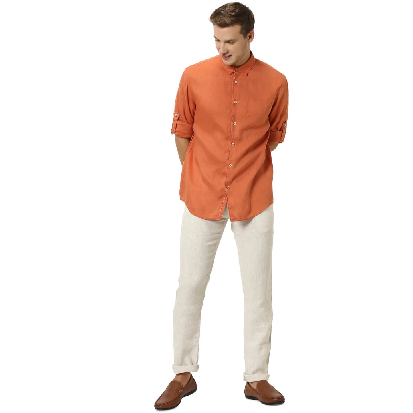 Celio* Solid Regular Fit Linen Rust Shirt