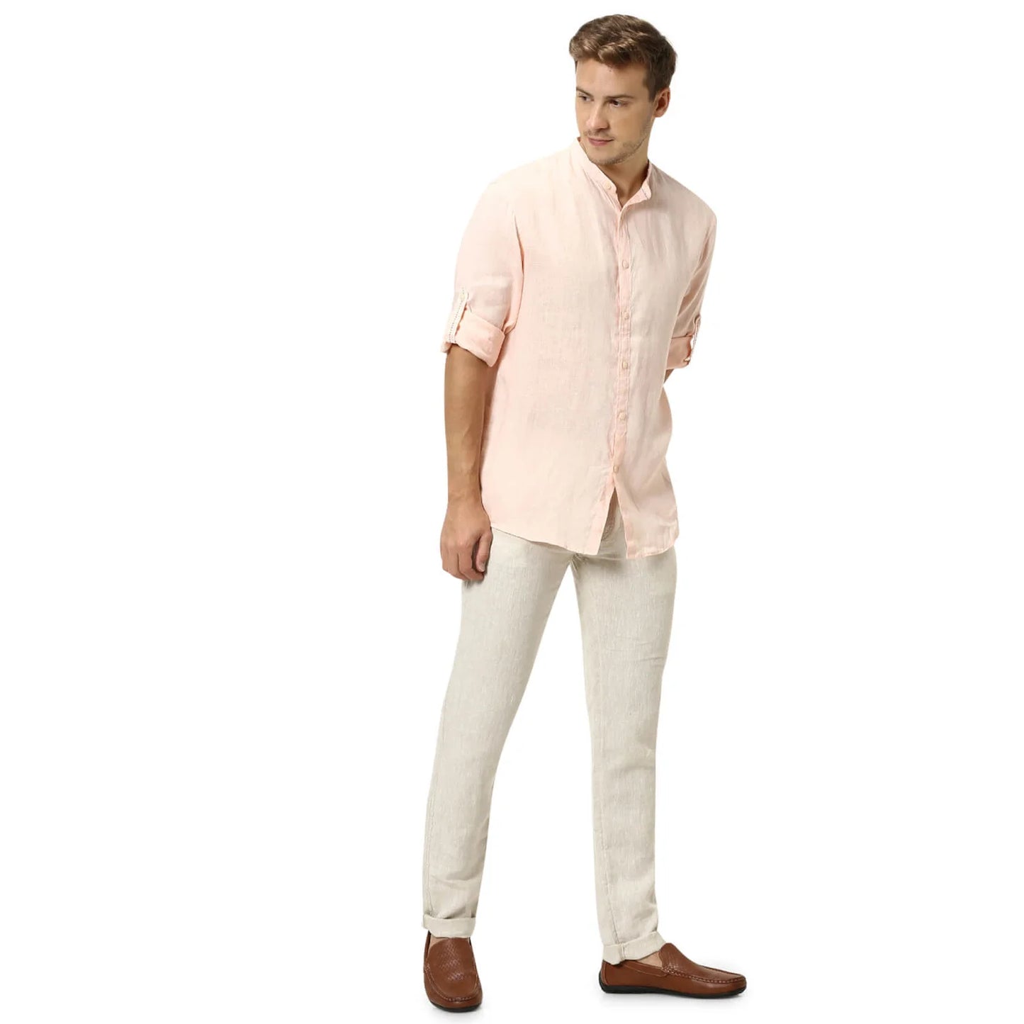 Celio* Solid Regular Fit Linen Peach Shirt