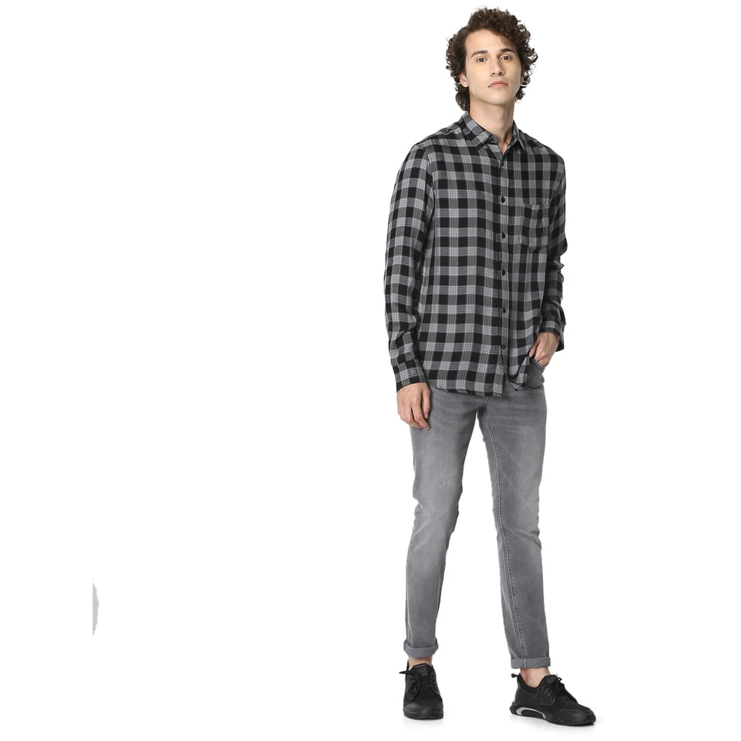 Celio* Checked Regular Fit Viscose Black Shirt