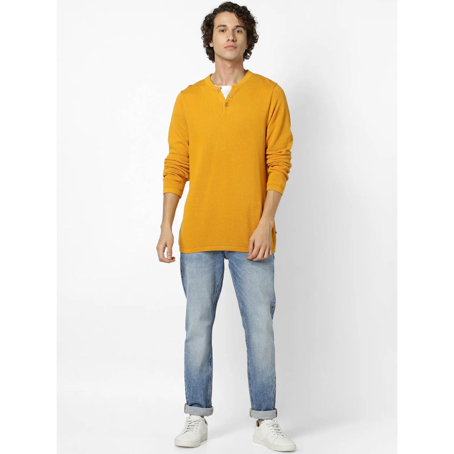 Celio* Solid Regular Fit Cotton Mustard Sweater