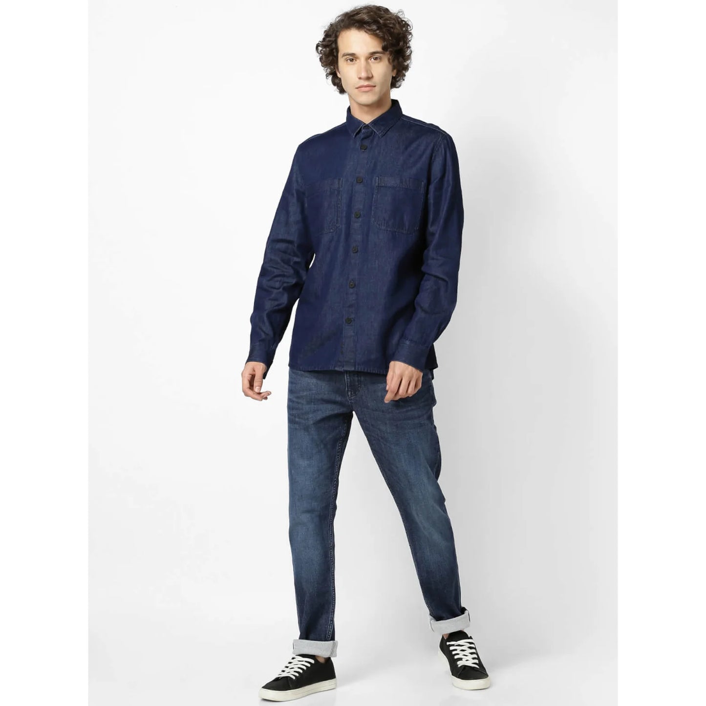 Celio* Solid Regular Fit Cotton Navy Blue Shirt