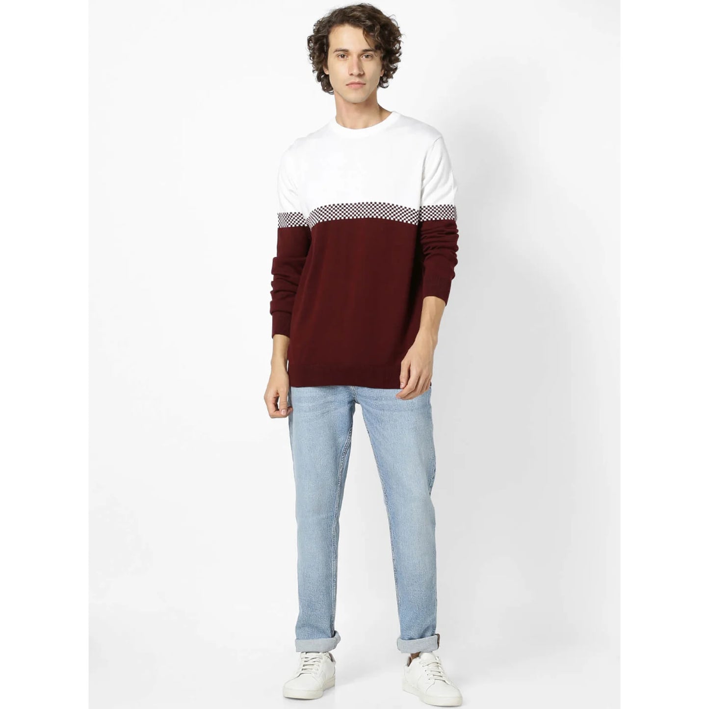Celio* Colourblock Regular Fit Cotton Burgundy Sweater