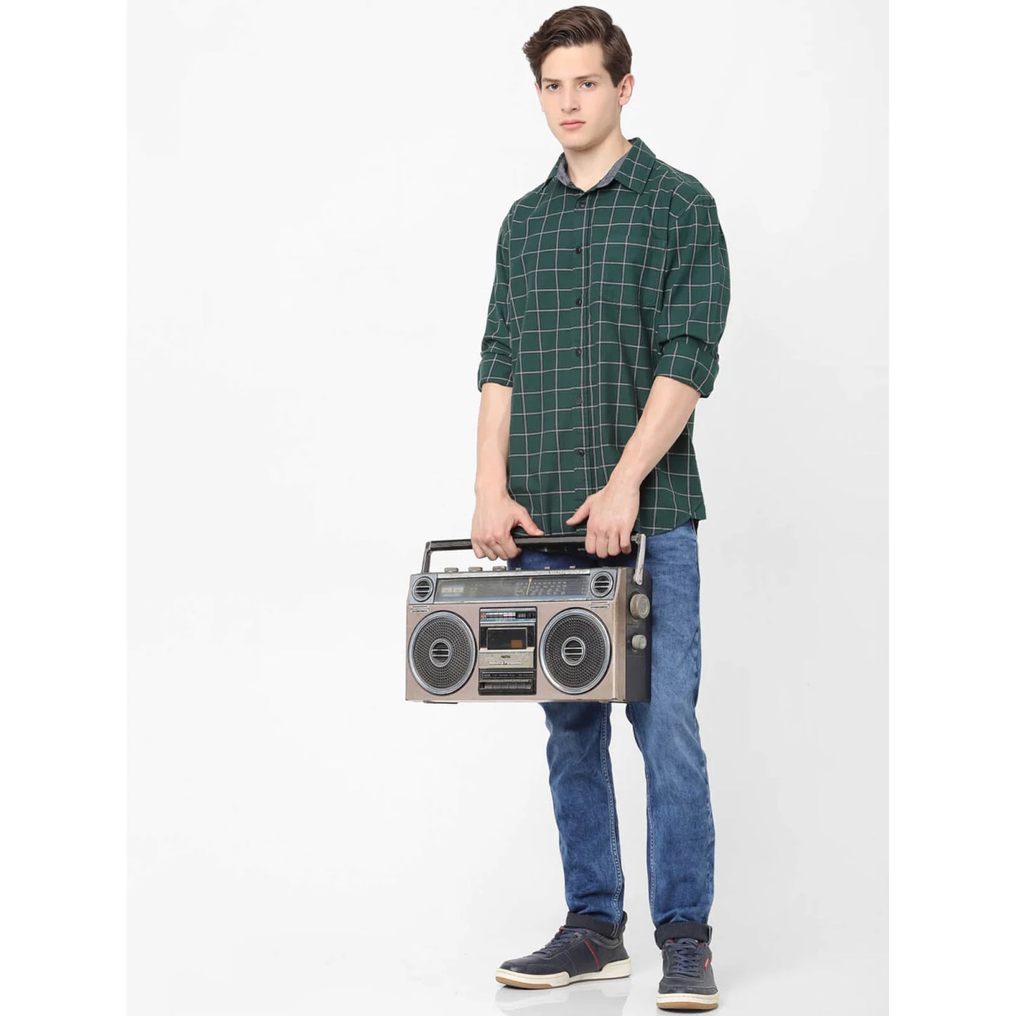 Celio* Checked Regular Fit Cotton Green Shirt