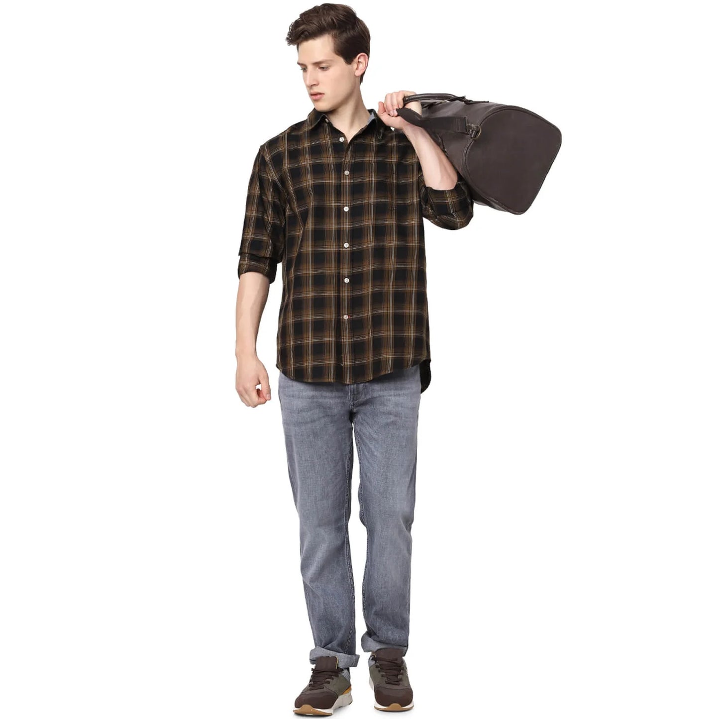 Celio* Checked Regular Fit Cotton Brown Shirt
