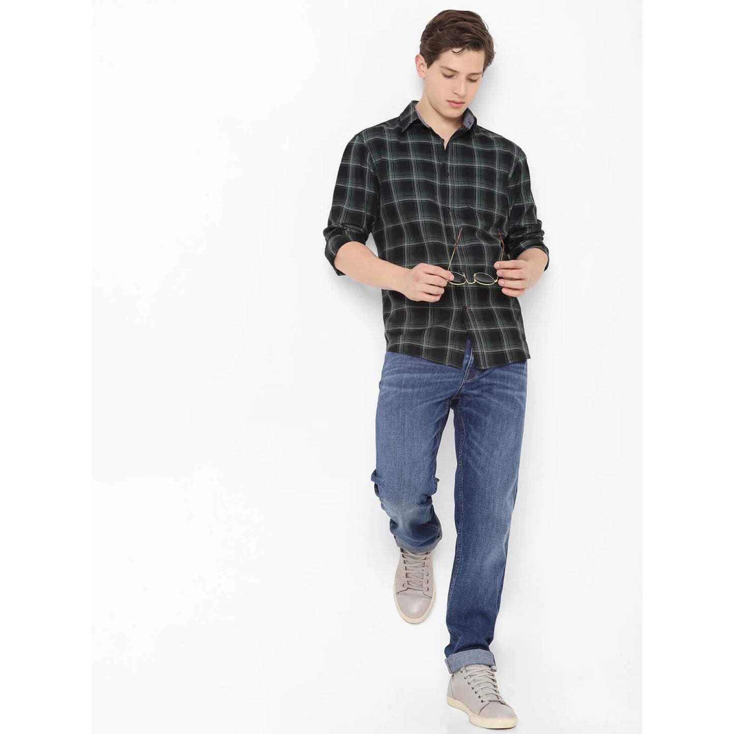 Celio* Checked Regular Fit Cotton Green Shirt