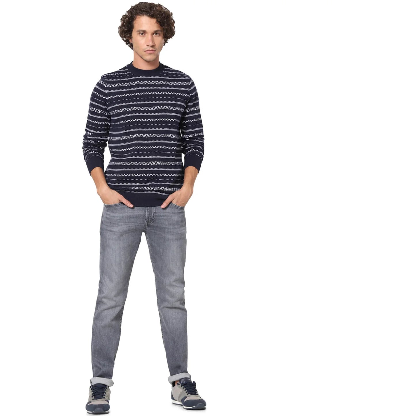 Celio* Solid Regular Fit Cotton Navy Blue Sweater