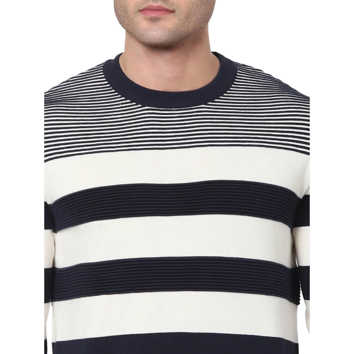 Celio* Striped Regular Fit Cotton Navy Blue Sweater