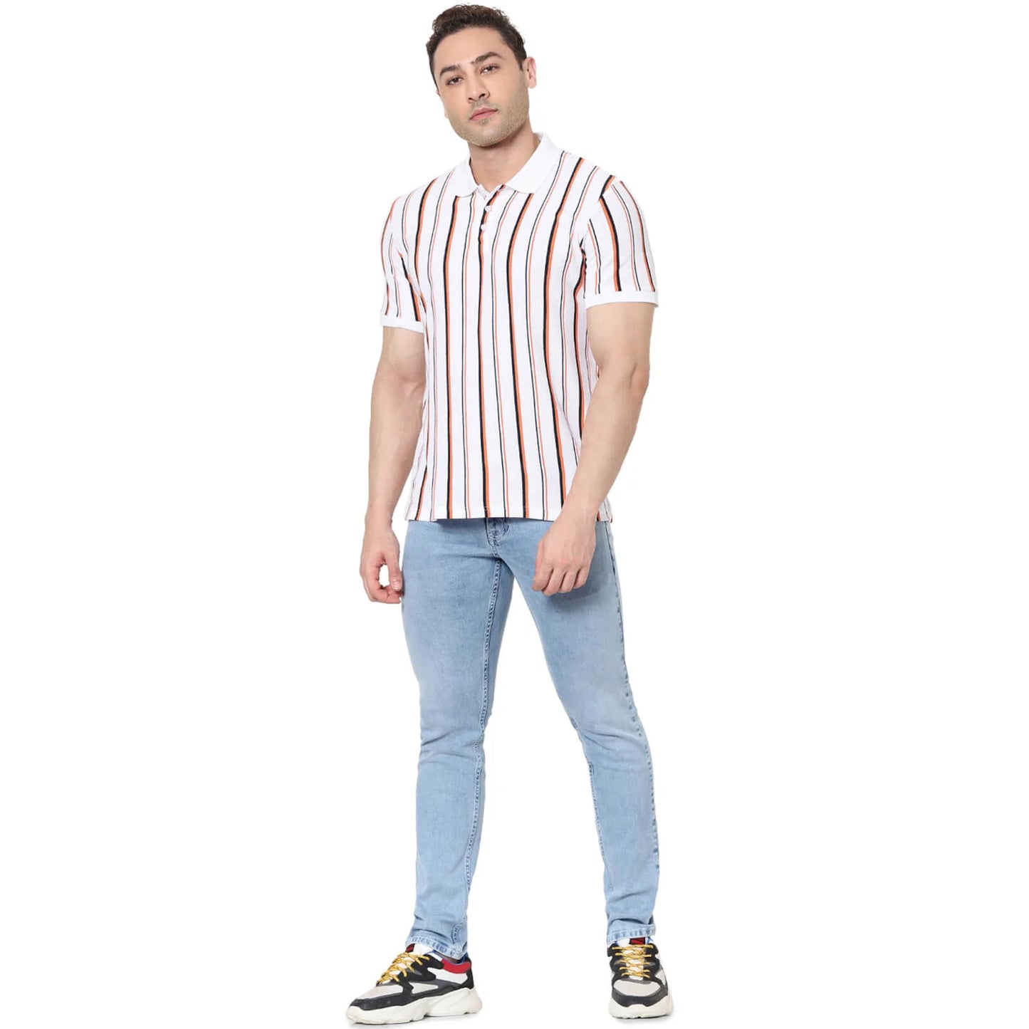 Celio* Striped Regular Fit Cotton White T-Shirt