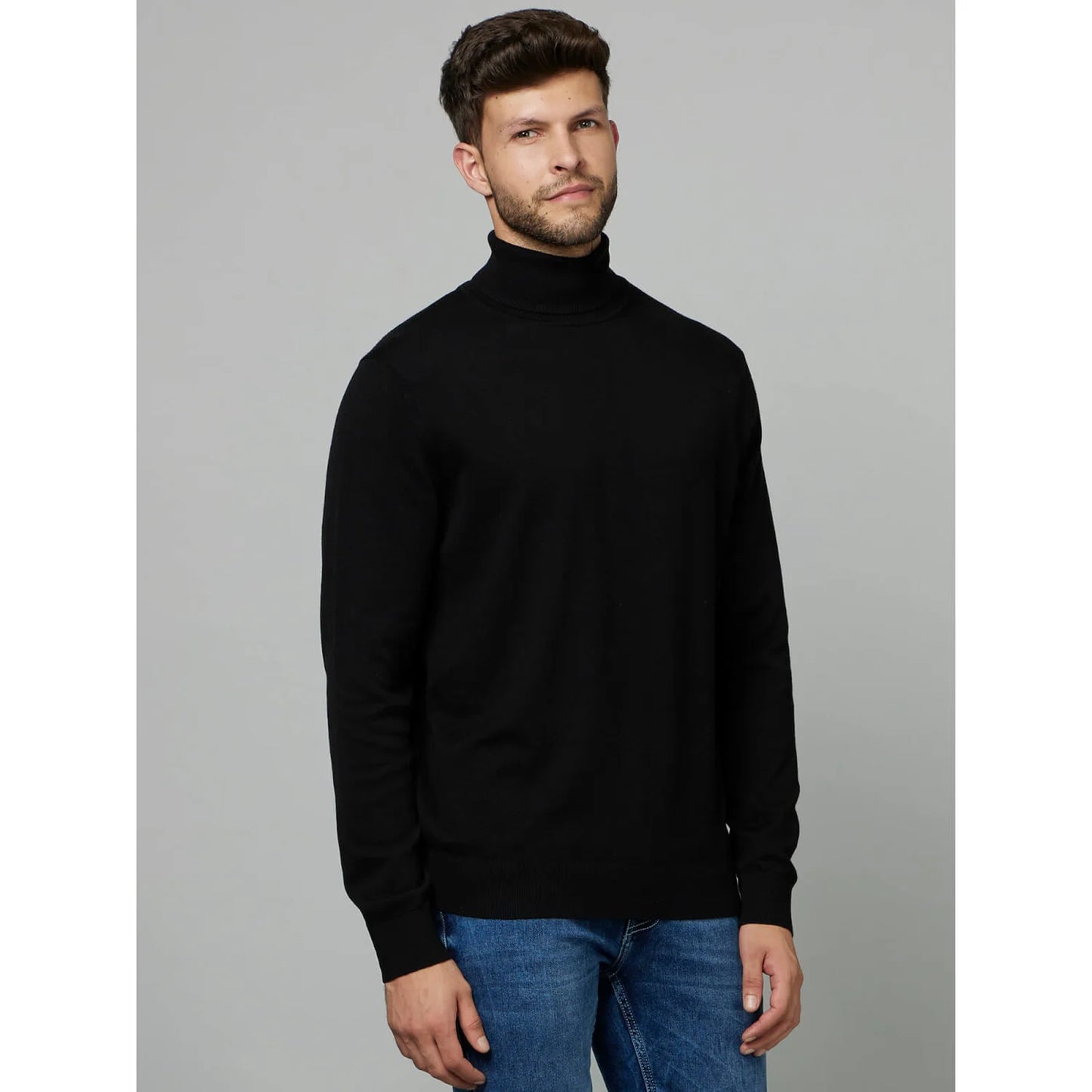 Celio* Solid Regular Fit Cotton Black Sweater