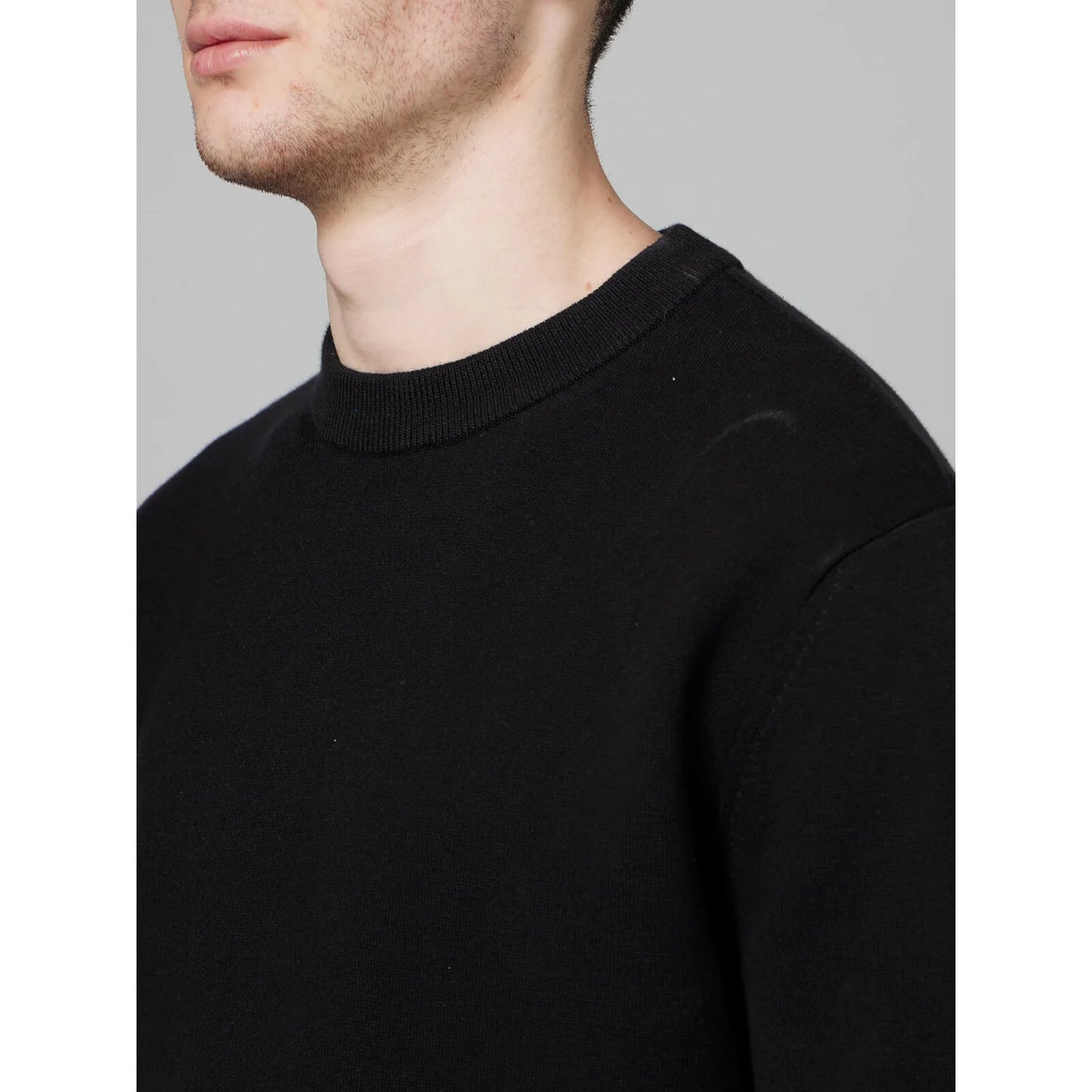 Celio* Solid Regular Fit Cotton-Poly-Blend Black Sweater