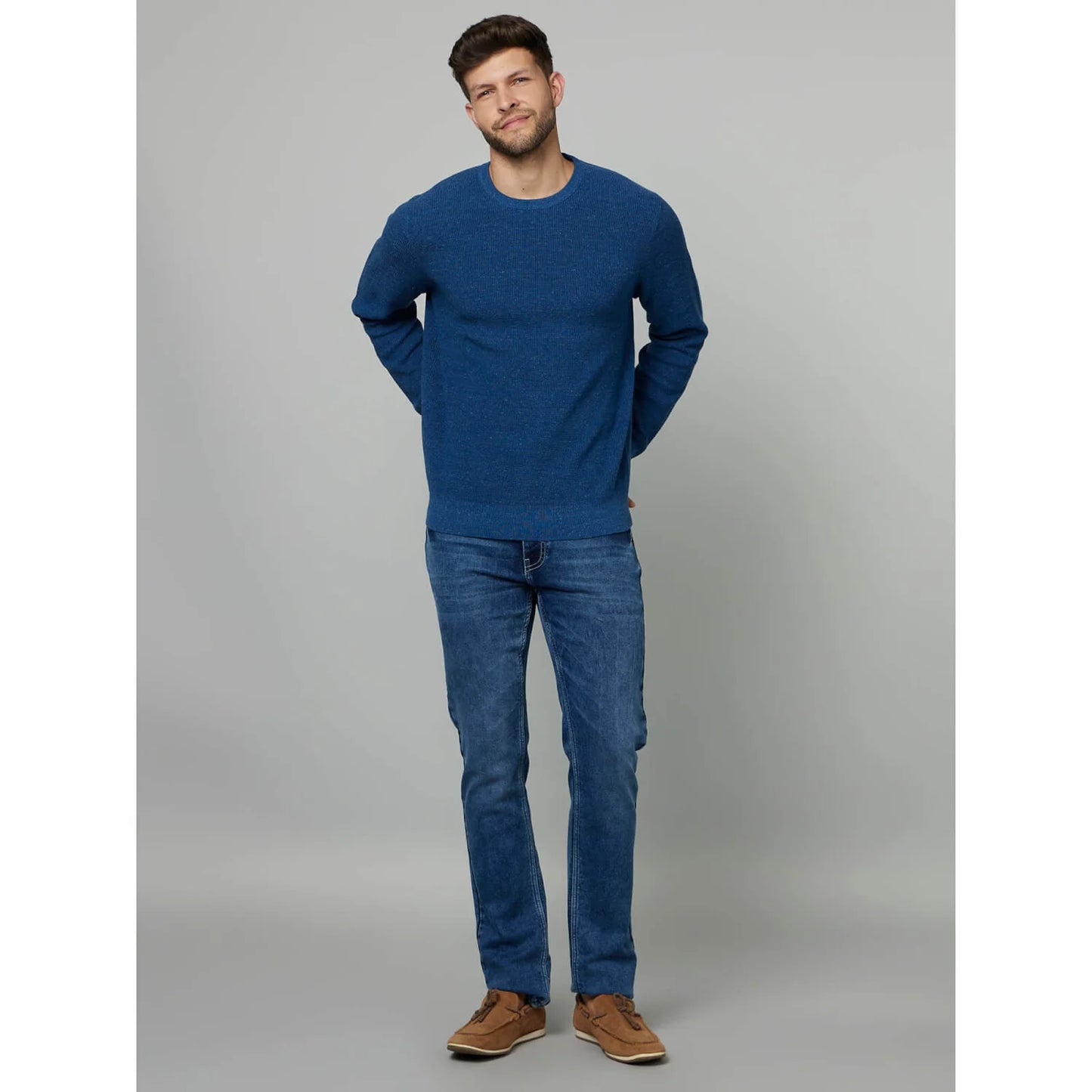 Celio* Solid Regular Fit Cotton-Poly-Blend Blue Sweater