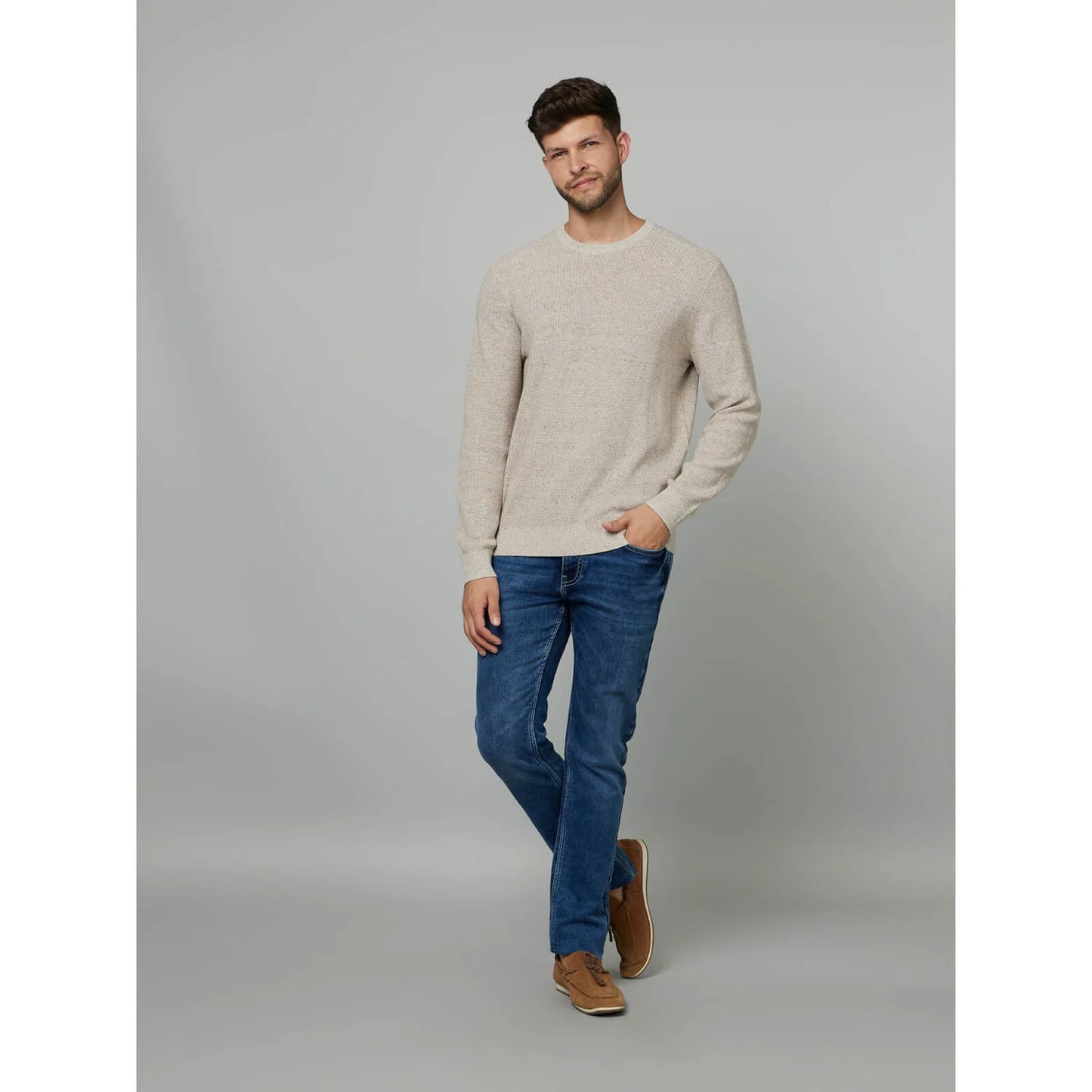 Celio* Textured Regular Fit Cotton-Poly-Blend Cream Sweater