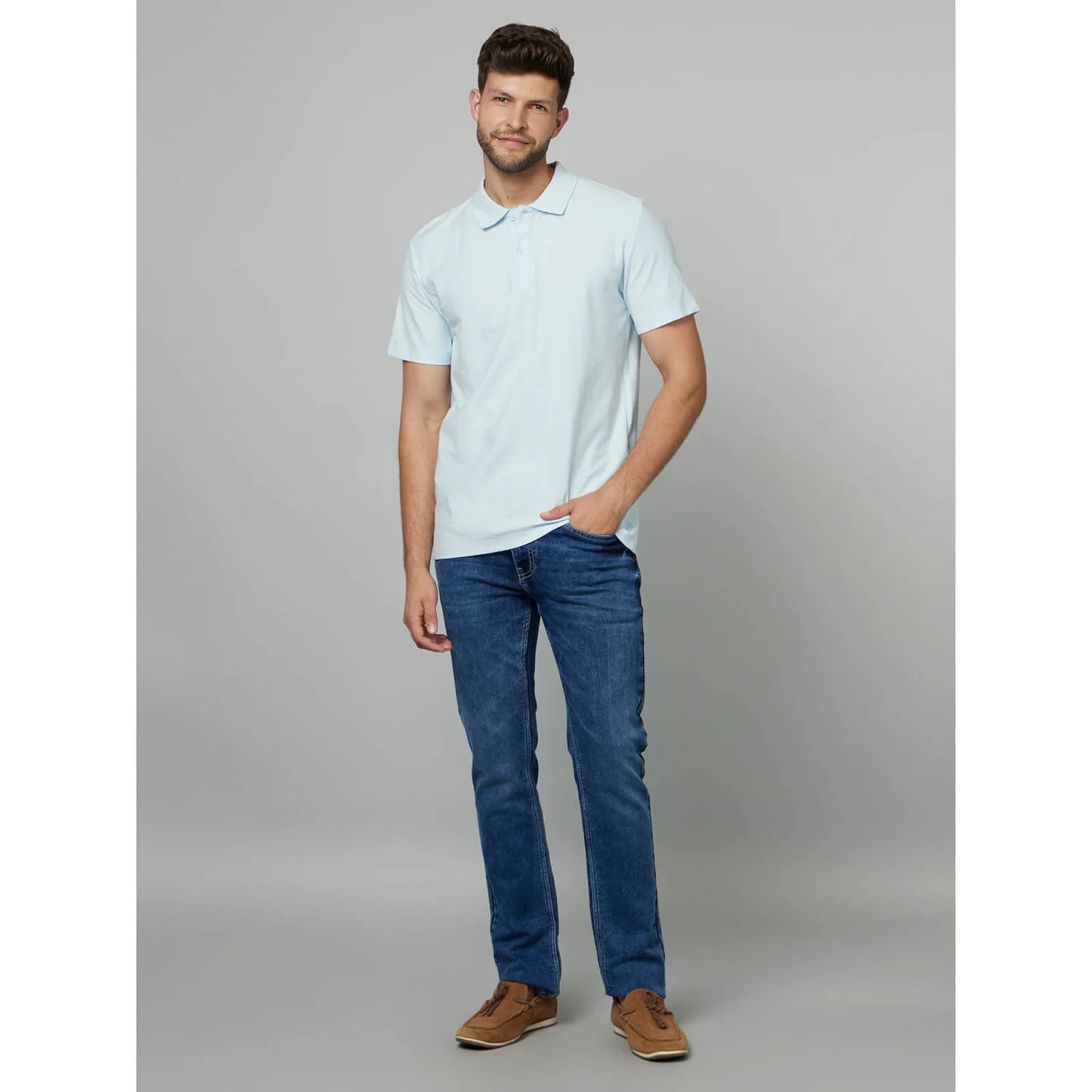 Celio* Solid Regular Fit Cotton Blue T-Shirt