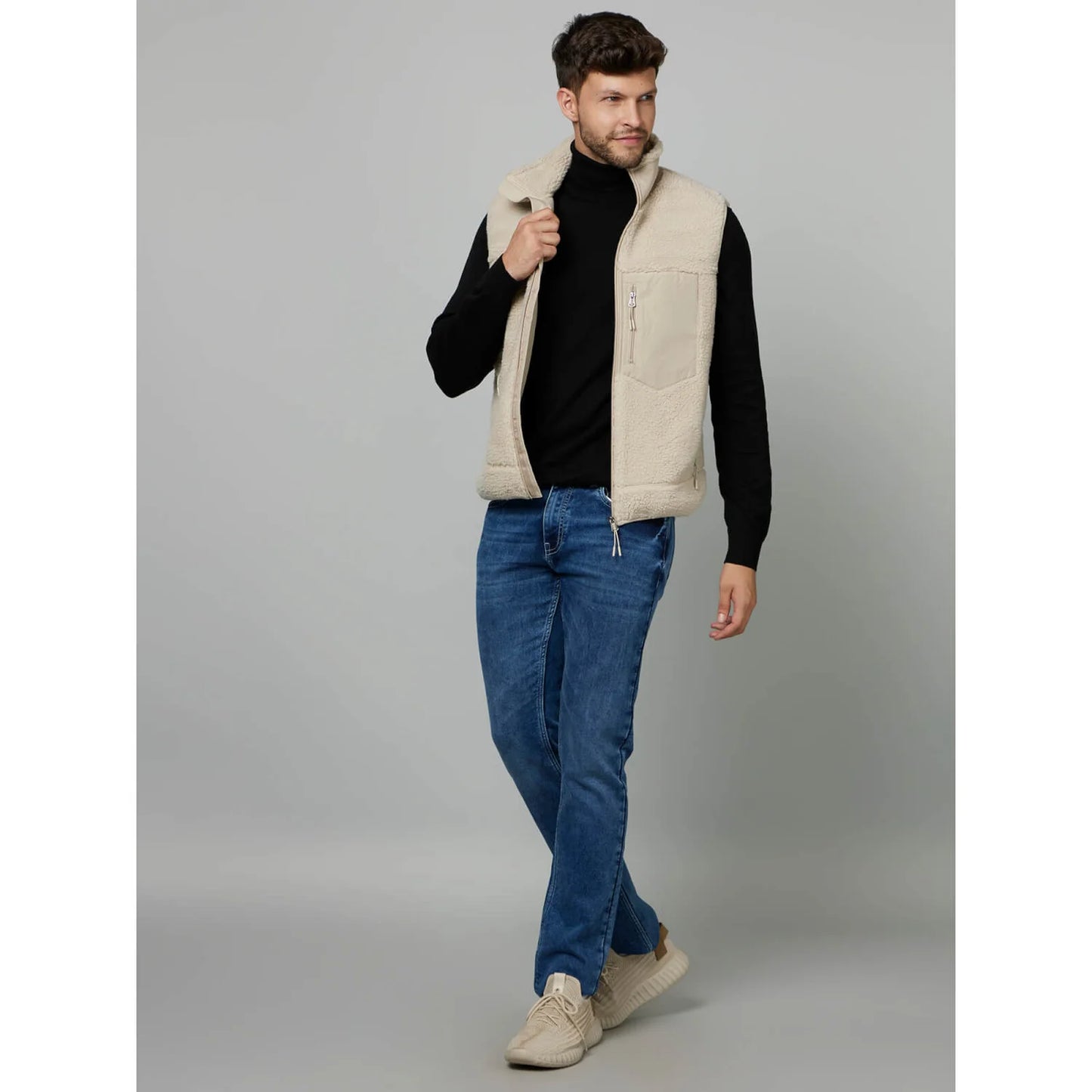 Celio* Solid Regular Fit Fur Beige Jacket