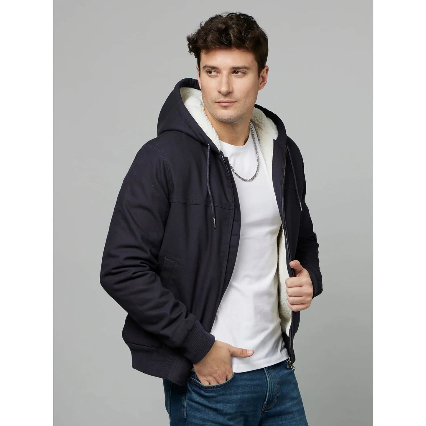 Celio* Solid Regular Fit Poly-Blend Navy Blue Jacket