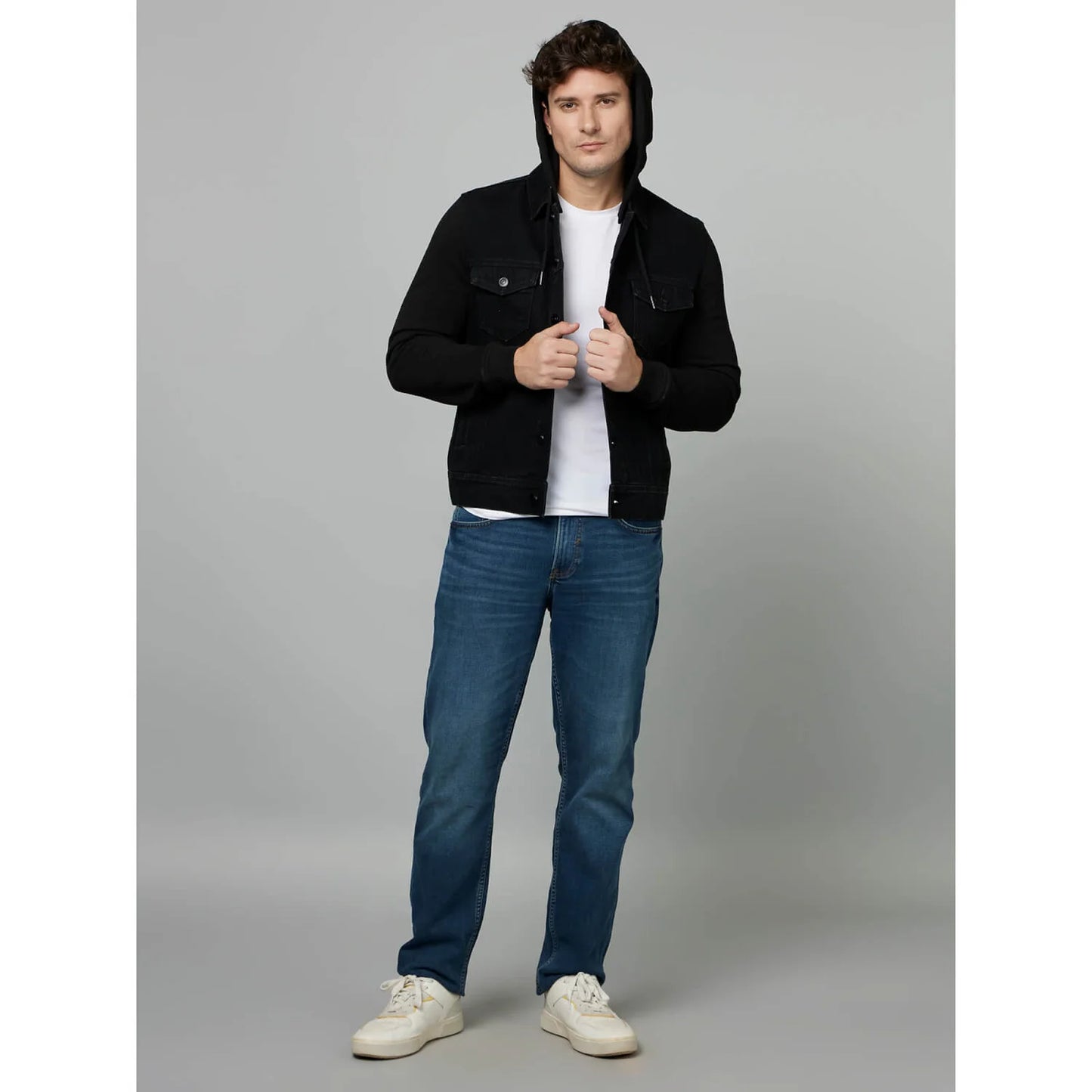 Celio* Solid Regular Fit Cotton-Blend Black Jacket