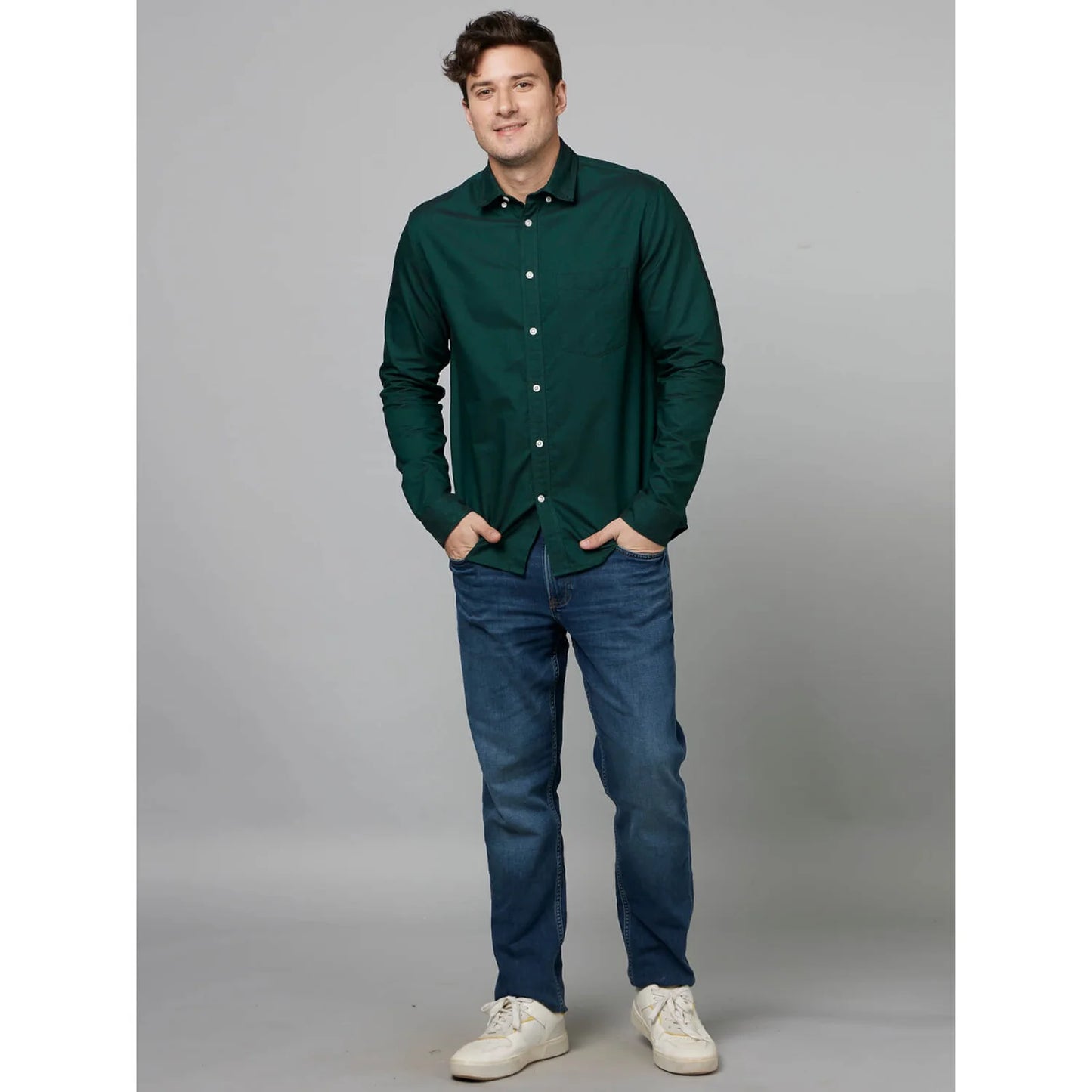 Celio* Solid Regular Fit Cotton Green Shirt